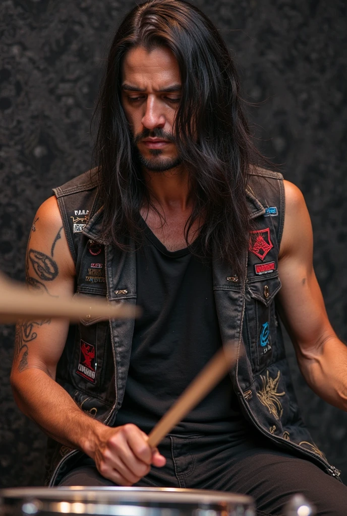 A 28-year-old man, drummer of a punk rock band called Ovelhas Obesas. Lucas is thin and agile, with an almost palpable energy that seems to overflow from him. He has long straight hair, usually tied up in a sloppy bun or left loose during shows, swaying to the frenetic rhythm of your drums. Your skin is tanned, result of many hours outdoors, and he has several tattoos on his arms, including crossed drumsticks and references to bands and musicians he admires. on the stage, Lucas prefers sleeveless t-shirts or tank tops, shorts and sneakers, permitindo total liberdade de movimento. He adopts a casual look, focused on comfort and practicality, but always with a touch of rebellion. He likes to wear clothes that facilitate his quick and precise movements on the drums.. Accessories like leather bracelets and a bandana tied around her arm are part of her signature style.. Off stage, Lucas is almost always seen with headphones on, listening to music or drumming on any available surface.