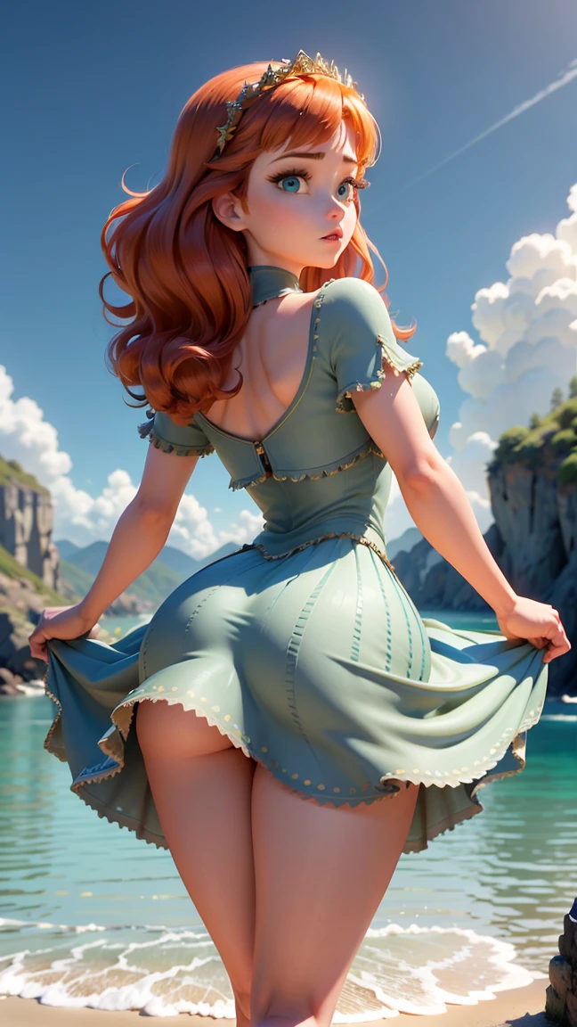((Best Quality)), ((masterpiece)), (detailed), 1 girl, dress then also, by azaul, green eyes, long wavy fur, white panties, lifting dress, short skirt, wide hip,((view from behind)),((Whole body))