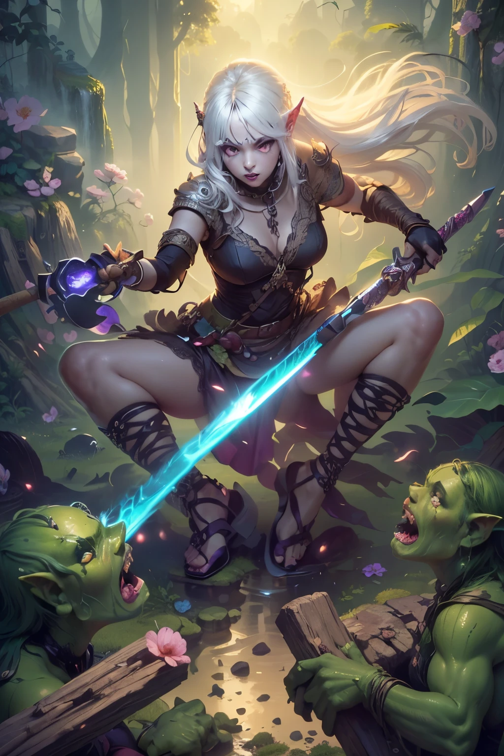 (Ultra-detailed face, Looking away, Gothic Illustration, Dark tone colors. She has five fingers on her hands and five toes on her feet.), BREAK
(Ancient ruins in the misty marshes of medieval northern Europe. Scene of a battle with swamp trolls in a swamp. Fantastic. Mysterious. Contrasts of light and shadow.), BREAK
(A young female dark elf ranger twists her body and, in a daring pose, cuts at the swamp trolls with her two-handed sword, the famous “Tongue of Fire,” which burns with flames. The swamp trolls are holding clubs and swinging them fluently at her. The viewer looks down on the woman from above.), BREAK
(She has white hair and white eyebrows, a slicked-back fringe, waist-length wavy hair, small pink lips, lavender eyes, dark purple skin, and eyeliner.), (She wears a lace-up dress, sewn from a crimson lace fabric with a medieval Scandinavian cherry blossom motif. She wears sandals with thin strings of soft brown leather woven into them.)