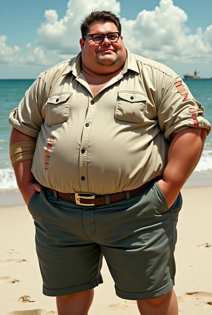 1boy, Bubba, topless, fat, swimsuit, hammer, leatherface, mask, open mouth, <lora:Bubba:1>, beach
