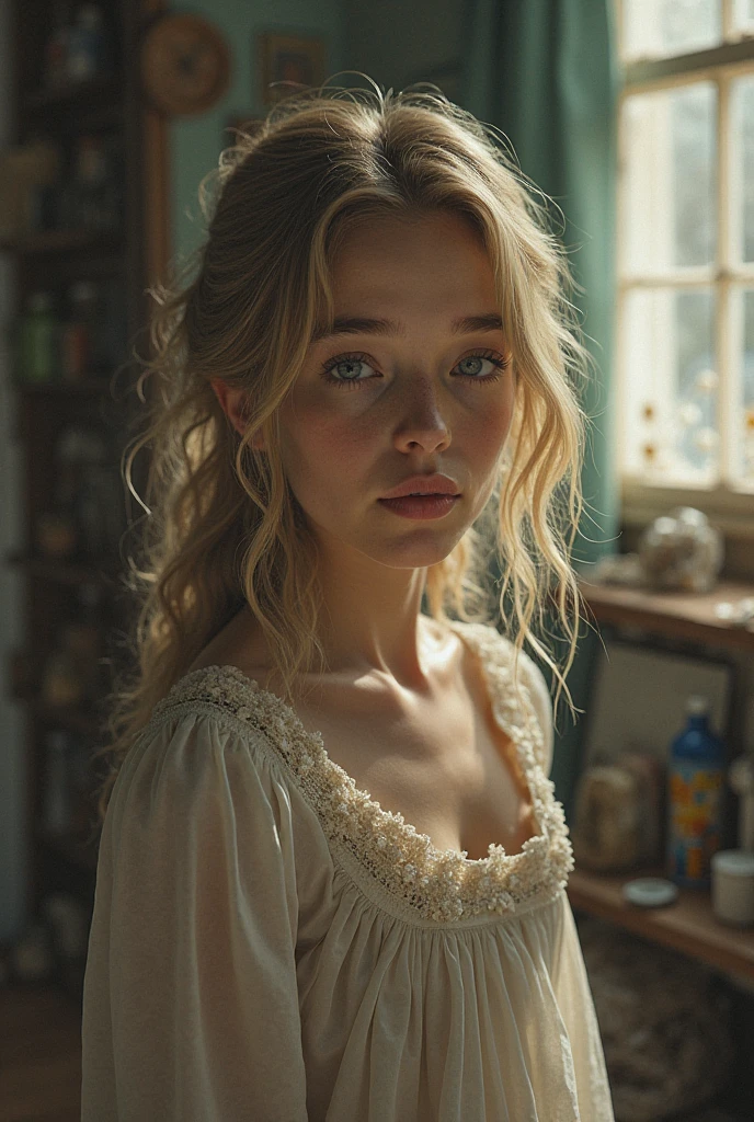 cinematic lighting, Bright dark, ray tracing, Mixing, hyper-realism, hasselblad, 85mm, f/1.8, Photo at eye level, multiple views, First person view, best quality, artwork, anatomically correct, texturized skin, There is a blonde maid ((12 year old:1.5)), perfect skin, skin with fine pores and velvety, long lace ruffle, (Off-the-shoulder French maid dress, short petticoat: 1. 3), (very long and wavy blonde hair : 1.2), Waist slender, her outfit emphasizes her Waist slender, fine legs, skinny figure, naked legs, garter, ((next to an elderly man who puts his hand on the girls legs)) ((neckleace. exposed breats:1.6))near the town of Martin in Slovakia there is a natural gravel lake where people go swimming. I want a young girl on these lakes who asks for sex with her body and poses