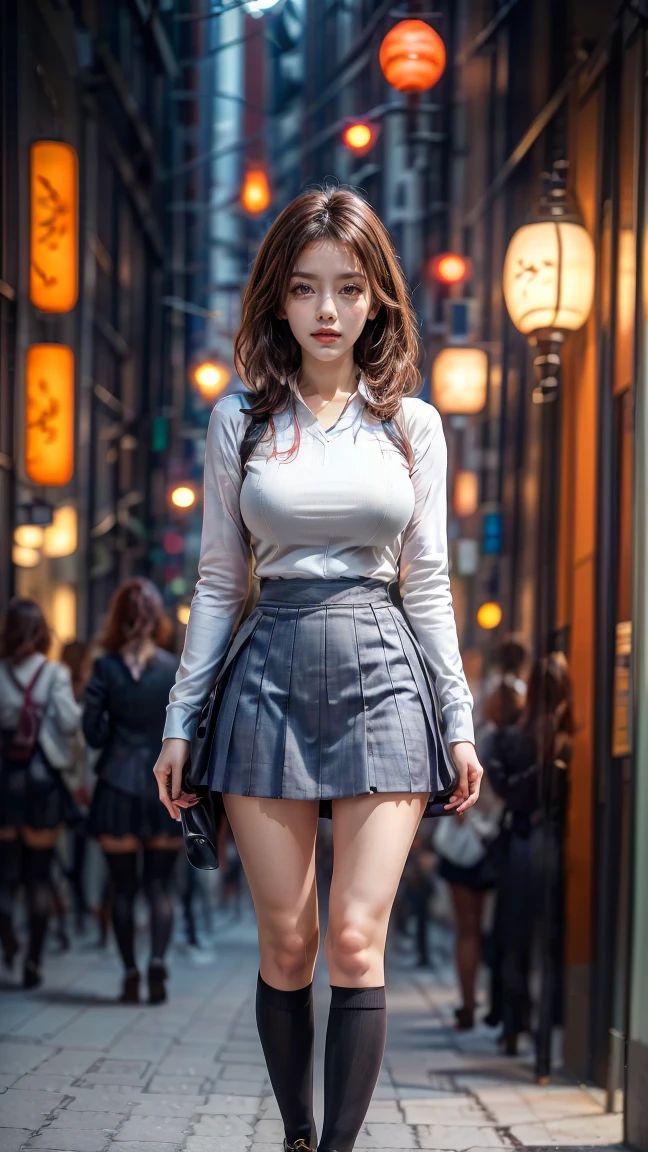a 19 year old girl, she is the most beautiful actress in the world, the perfect body proportions of this girl in skirt suit, clothed large breasts, clothed upper body, her ?????? area of the panties are hardly hidden by short skirt, her bare legs, it's seen just front of her body, it from just above her head to just below her knees are within one frame, she is standing at the city street, nsfw, best quality, highly detailed, masterpiece, ultra high res, photo realistic, 8k, RAW photo