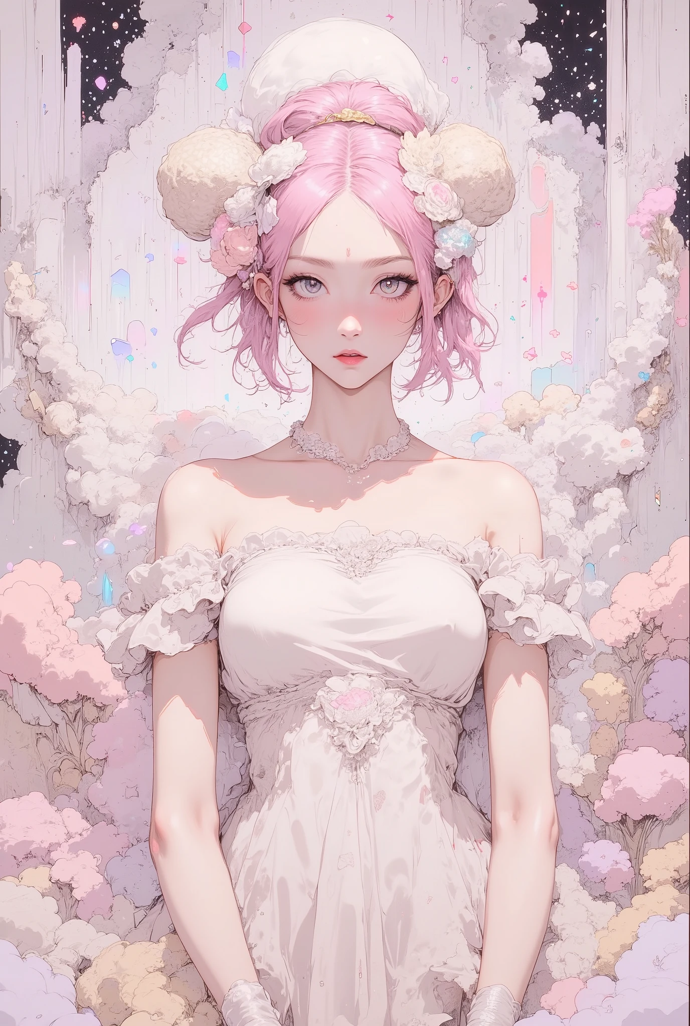 (((white backgriound : 1.8))), 1 girl, full body, detailed person, high resolution, 32K, realistic depiction, (((pale yellow off-shoulder blouse))), (masterpiece, highres, high resolution:1.2), ((soft pink low ponytail hair)), japanese, (((blushing))), solo, smile, big lips, perfect body, Please open your mouth a little, ((five fingers)), (Anatomically correct), ((big , big ass)), curve, (((Stylistically diverse))), detailed scenes, quirky twist, unique visuals, clouds, and flowers, abstract, surreal Painted light, Pastel colours, Isolated subjects,innocent colours, Soft Lighting, heavy inky shadows, detailed and intricate environment, A masterpiece, tracing effects, oil painting aesthetic, heavy brush strokes, mystical allure, Oil painting Impressionistic, Impressionistic. Beautiful details, stylized art aesthetic, Broken Glass effect, stunning, something that even doesn't exist, mythical being, energy, molecular, textures, iridescent and luminescent scales, breathtaking beauty, pure perfection, divine presence, unforgettable, impressive, breathtaking beauty, Volumetric light, auras, rays, vivid colors reflects,