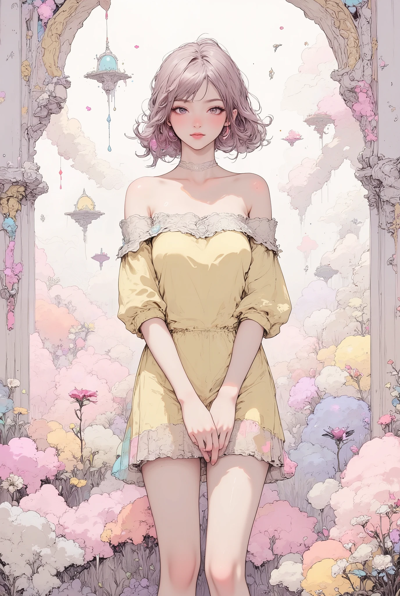 1 girl, full body, detailed person, high resolution, 32K, realistic depiction, (((pale yellow off-shoulder blouse))), (masterpiece, highres, high resolution:1.2), ((soft pink low ponytail hair)), japanese, (((blushing))), solo, smile, big lips, perfect body, Please open your mouth a little, ((five fingers)), (Anatomically correct), ((big , big ass)), curve, (((Stylistically diverse))), detailed scenes, quirky twist, unique visuals, clouds, and flowers, abstract, surreal Painted light, Pastel colours, Isolated subjects,innocent colours, Soft Lighting, heavy inky shadows, detailed and intricate environment, A masterpiece, tracing effects, oil painting aesthetic, heavy brush strokes, mystical allure, Oil painting Impressionistic, Impressionistic. Beautiful details, stylized art aesthetic, Broken Glass effect, stunning, something that even doesn't exist, mythical being, energy, molecular, textures, iridescent and luminescent scales, breathtaking beauty, pure perfection, divine presence, unforgettable, impressive, breathtaking beauty, Volumetric light, auras, rays, vivid colors reflects, (((white backgriound : 1.4))),