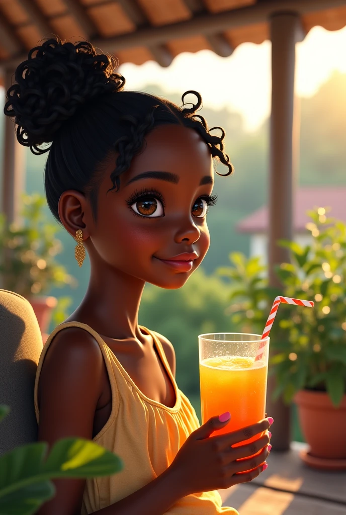 Cute 14 year old girl, coffe skinned, curly dark hair, hot pink lips, sitting on a swing chair in a balcony of a cream coloured house, sipping lemonade