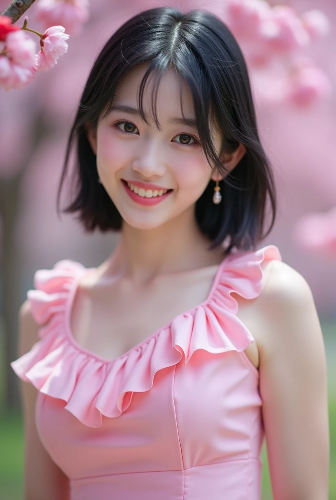 Best-quality, Masterpiece, Ultra-High-Resolution, (Photorealistic:1.4), Raw-Photo,
1girl, the most famous Japanese idol, 12-years-old, innocent-smile, looking at viewer, (wearing light-pink spring-clothes with cute-design), ((extremely cute face like the most popular Japanese idol), (extremely beautiful black-short-cut-haired), (((extremely beautiful big-black-eyes))), extremely beautiful skins), extremely beautiful long-eyelashes, extremely beautiful lips, short-body, dynamic-pose