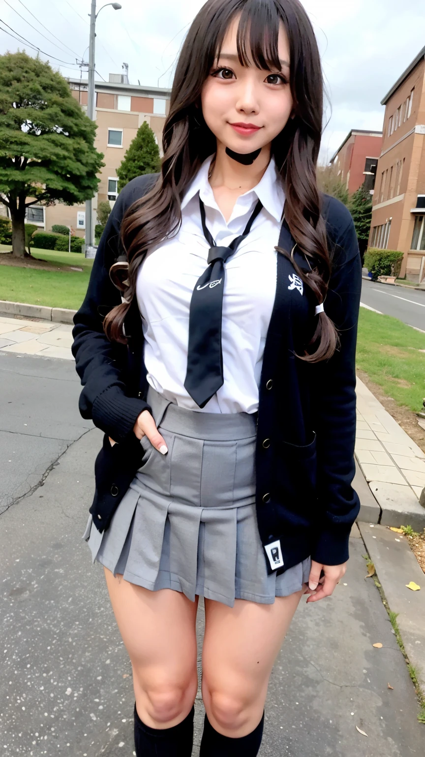 High quality, Ultra detailed, best quality, insanely detailed, beautiful, masterpiece、8k、nsfw、spread pussy、upskirt、skirt lift、skirt lift by myself、((show off pussy1.4))、pubic hair、pussy focus、public indecency、((from below:1.2))、looking at viewer、spread pussy、bottomless、cinematic lighting、、black cardigan、clothed、city