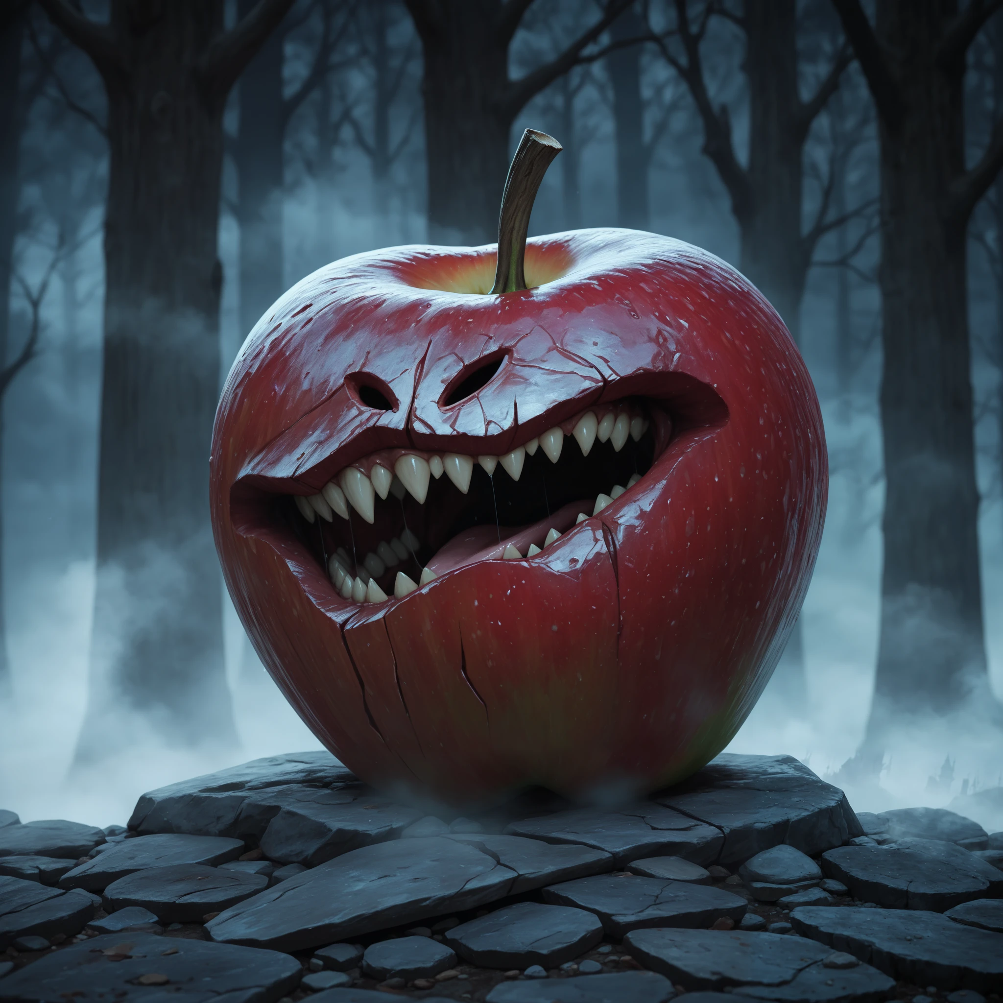 a trail of rotten black grass from an evil apple with a sewn on leather face at night