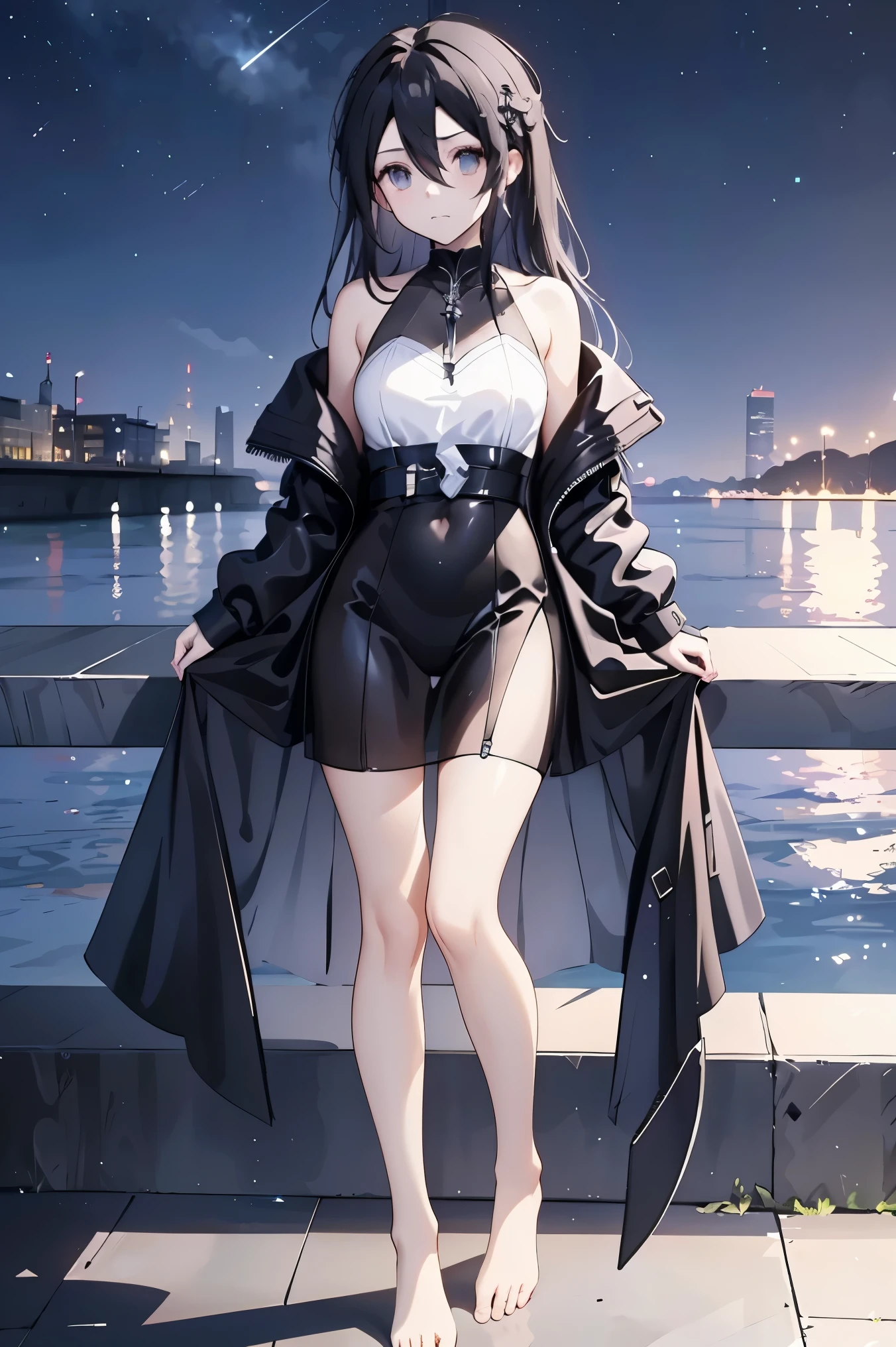 black gradient hair , Asymmetric Hairstyle,((Thick hair 1.8,Clear head outline 1.6)), hair on shoulders, messy hair, very long hair, shiny hair,(black hair:1.2),a beautiful girl,(luxury platinum mini Lolita,made of transparent material),(Transparent clothes transparent 1.8),perfect body,High,Slender,(Looks sad,disgusted、disgusted、 Pale Nipples ,Grief, Close Your Mouth :1.2) against the background of an unusually bright dark starry sky,(and place your hands behind your back),(Round, CUHK, Firm breasts),barefoot,float,water surface,(Long Method,Long Method,Long Method,Perfect leg shape), full body shot,Female Kirito