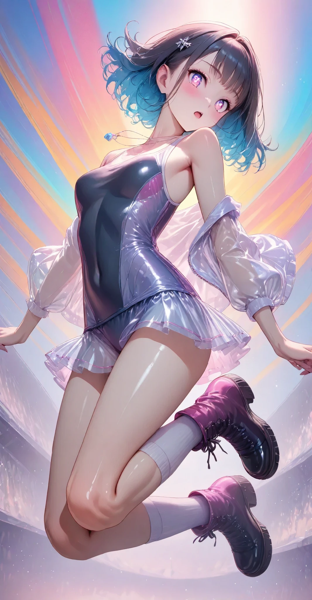 A beautiful woman dancing ballet, delicate face, perfect figure, pale slender legs, dancing on ((on colorful clouds in the sky)), colorful rainbow, glitter, dazzling, high quality, 8k