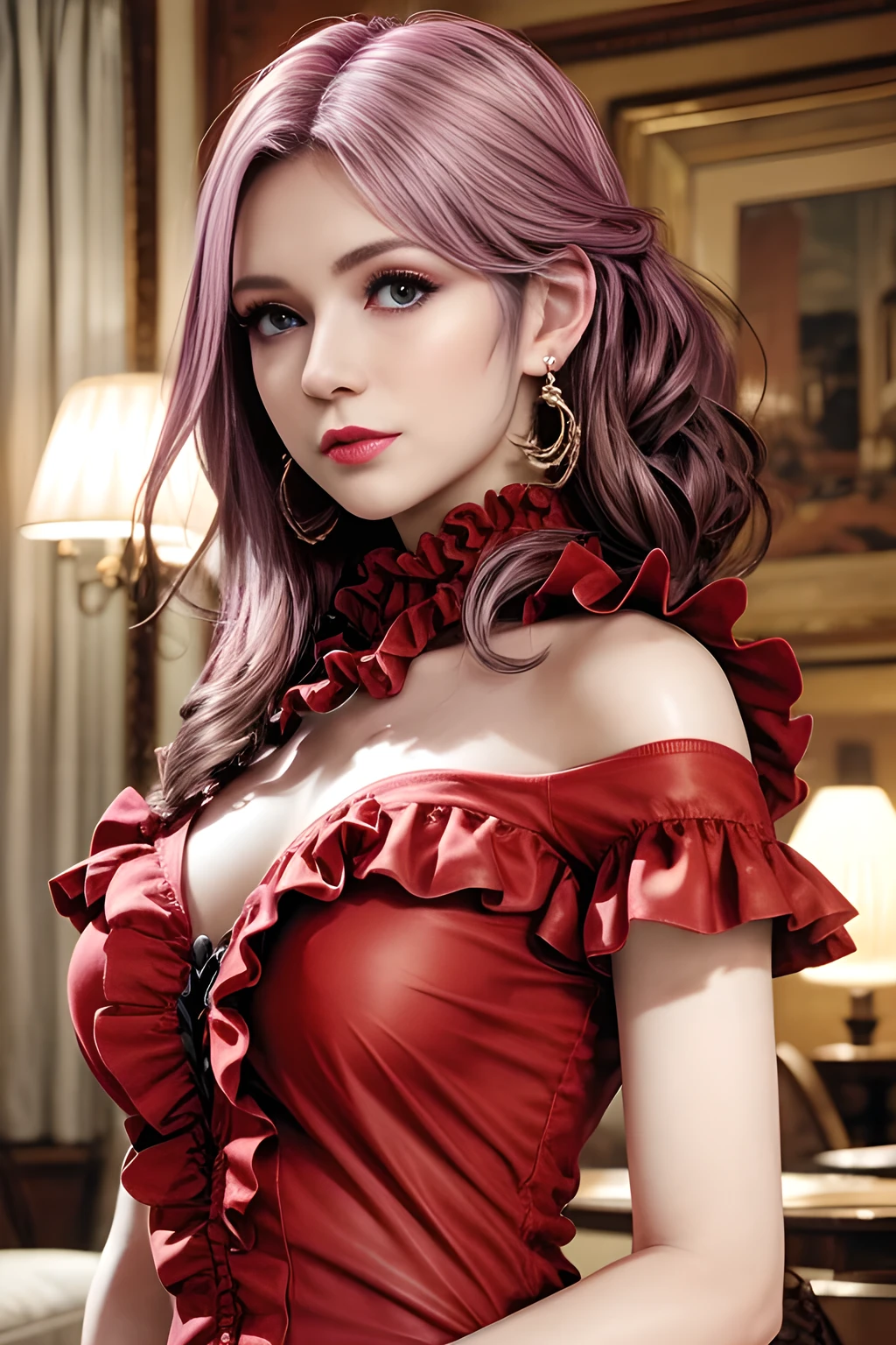 1girl,Elise,(Wearing ruffles-kimono),go down the stairs,jewelry,Tattoos,(((red-lips))), slightly parted lips,  smile, , clavicle,charming body,huge breasts,Charming cleavage,((8k, RAW photos, top quality, masterpieces), high-definition RAW color photos professional close-up photos, (realistic, photorealism: 1.37), (highest quality), (best shadows),  ((, , ultra high resolution, high-definition CG unified 8K wallpapers, physically based rendering, movie lighting),