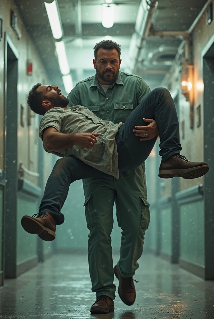 Sam carries a young  out of the burning building, both of them covered in soot but safe.
[Voiceover]: "In the face of danger, Sam's courage shone through, saving a young child's life."