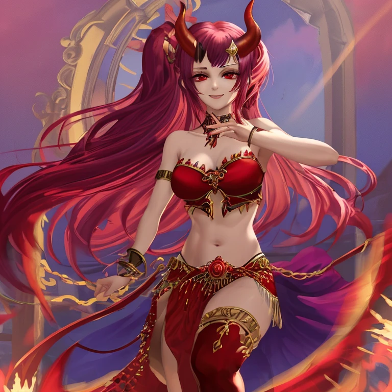 crimson fur, Dragon,long red hair,queen dress,8K Wallpaper,detailed background,The highest resolution,big and deep breasts,pink rose,tight,yellow eyes, with a sweet smile