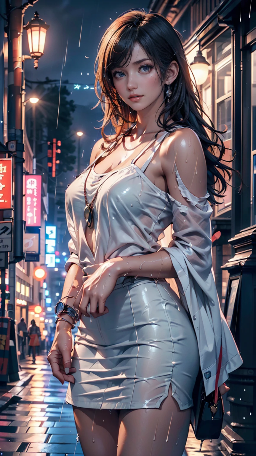 1 wet beautiful woman, fantasy art, long wet black hair, revealing sparkly blue long dress, large breast, night city, rain, bright street lights, masterpiece intricate detail