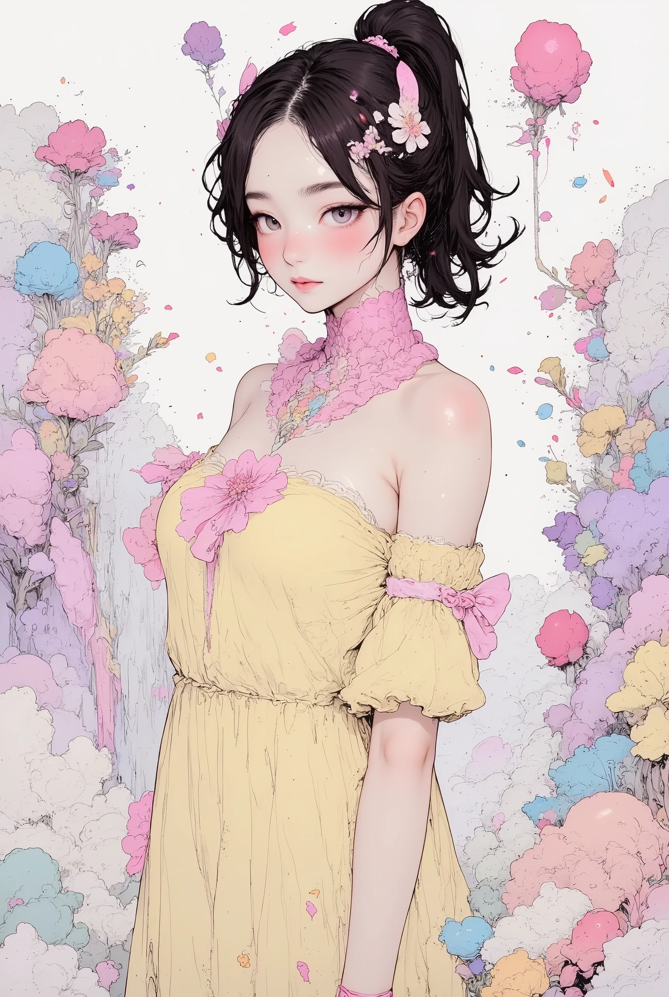 1 girl, full body, detailed person, high resolution, 32K, realistic depiction, (((pale yellow off-shoulder blouse))), (masterpiece, highres, high resolution:1.2), ((soft pink low ponytail hair)), japanese, (((blushing))), solo, smile, big lips, perfect body, Please open your mouth a little, ((five fingers)), (Anatomically correct), ((big , big ass)), curve, (((Stylistically diverse))), detailed scenes, quirky twist, unique visuals, clouds, and flowers, abstract, surreal Painted light, Pastel colours, Isolated subjects,innocent colours, Soft Lighting, heavy inky shadows, detailed and intricate environment, A masterpiece, tracing effects, oil painting aesthetic, heavy brush strokes, mystical allure, Oil painting Impressionistic, Impressionistic. Beautiful details, stylized art aesthetic, Broken Glass effect, stunning, something that even doesn't exist, mythical being, energy, molecular, textures, iridescent and luminescent scales, breathtaking beauty, pure perfection, divine presence, unforgettable, impressive, breathtaking beauty, Volumetric light, auras, rays, vivid colors reflects, (((white backgriound : 1.4))), 