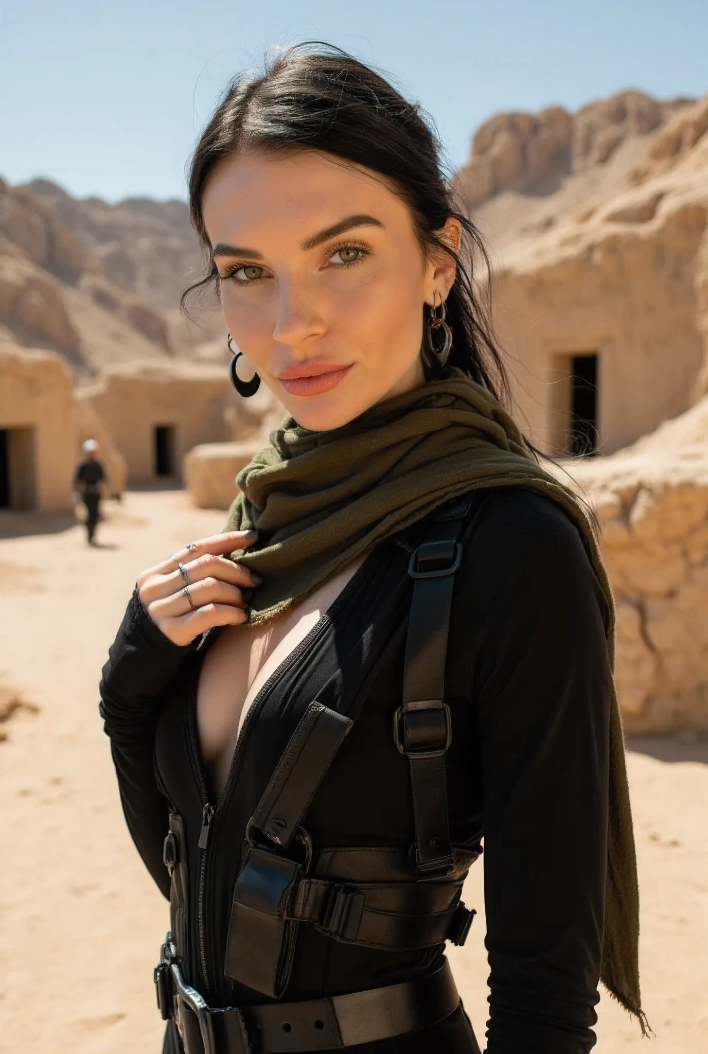 Paulina seikola, young women, 16 years old, (close up headshot), Masterpiece, best quality, ((MAD MAX)), (inside a desert middle east building), big hart sun, BREAK ((clothes leather)), scarf, ((bandit)), (fantasy), bandages tapes, ((wearing soldier uniform, leather, and bandages)), BREAK green brown colors, mad max, BREAK long hair, (straight hair), red skin, fair skin, tanned skin, large breasts, BREAK,
blurred background