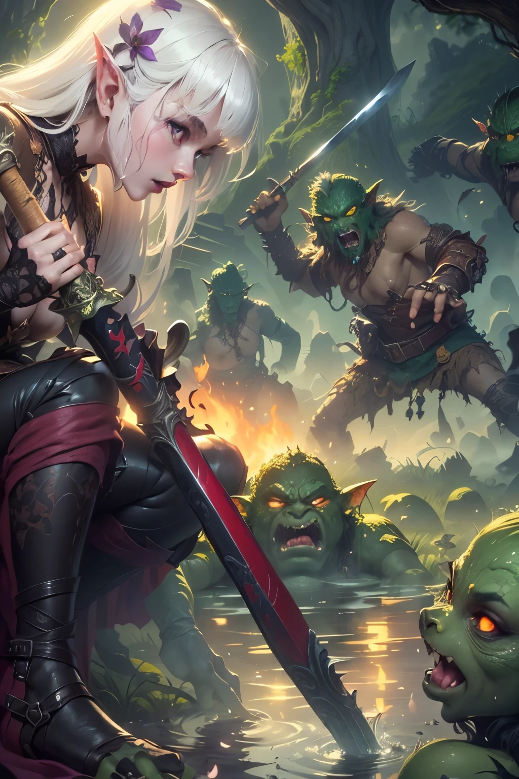 (Ultra-detailed face, Looking away, Gothic Illustration, Dark tone colors. She has five fingers on her hands and five toes on her feet.), BREAK
(Ancient ruins in the misty marshes of medieval northern Europe. Scene of a battle with swamp trolls in a swamp. Fantastic. Mysterious. Contrasts of light and shadow.), BREAK
(A young female dark elf ranger twists her body and, in a daring pose, cuts at the swamp trolls with her two-handed sword, the famous “Tongue of Fire,” which burns with flames. The swamp trolls are holding clubs and swinging them fluently at her. The viewer looks down on the woman from above.), BREAK
(She has white hair and white eyebrows, a slicked-back fringe, waist-length wavy hair, small pink lips, lavender eyes, dark purple skin, and eyeliner.), (She wears a lace-up dress, sewn from a crimson lace fabric with a medieval Scandinavian cherry blossom motif. She wears sandals with thin strings of soft brown leather woven into them.)