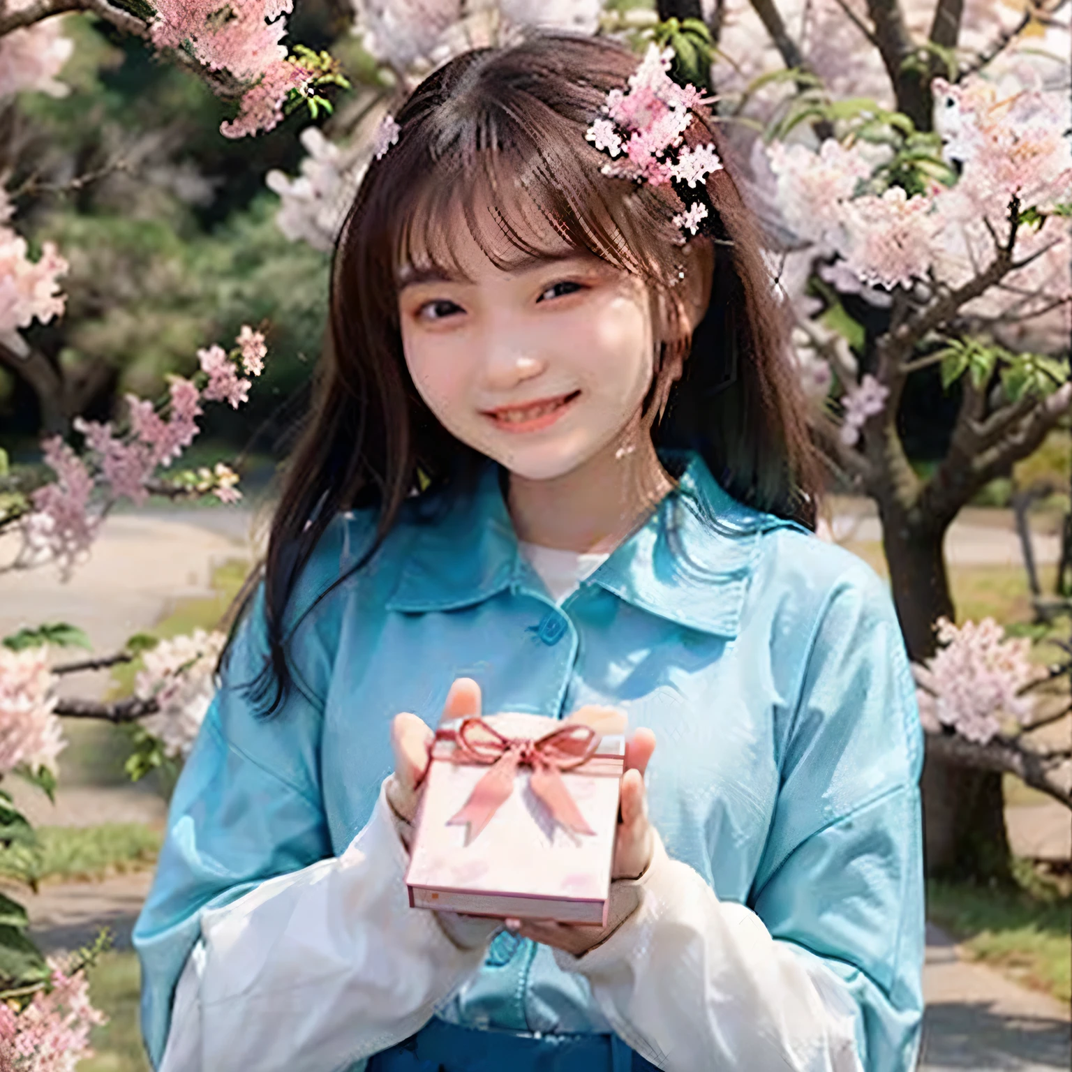 A breathtakingly beautiful 20-year-old woman stands in a lush park filled with cherry blossoms in full bloom beneath a clear blue sky. She wears a classic sailor uniform and gently holds a small, neatly wrapped gift box adorned with a red ribbon. Her radiant smile and joyful expression convey heartfelt happiness. Brown hair, long hair, dark eyes.
