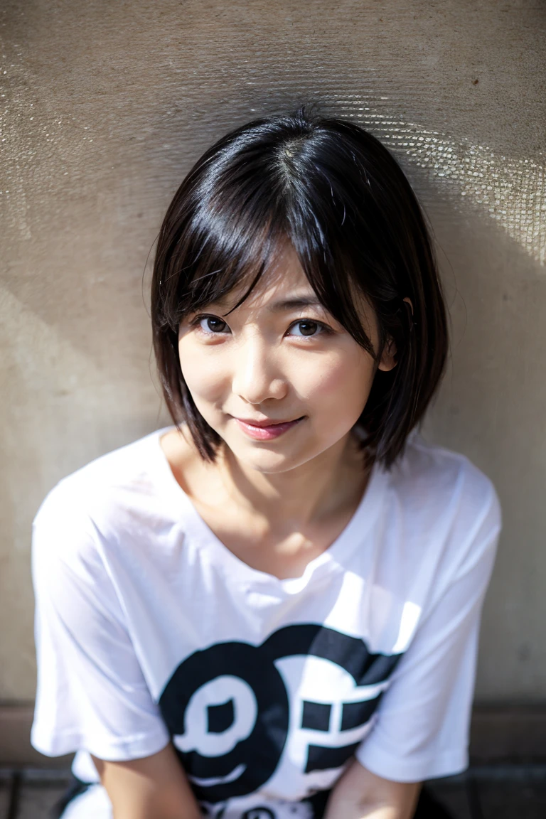  high definition 、 A transparent Japanese woman 、 Strong、、smile、 Moist and Shiny Hair 、Thin Hair、cute、 brown hair、  beautiful young woman like model 、 leaning against a wall 、 big eyes、Inverted triangle outline、The face is tilted４５every time、  straight hair、The hint is heavy 、 Hide your  、 snake 、 big eyes、 beautiful woman、 hoop gold earrings 、length,  angled bangs 、 Beautiful like a celebrity 、Trendy bob hairstyle、Low volume、Bangs up to the tip of the nose 、 beautiful young woman standing up without bangs 、Smooth surface hair、 simple chain necklace 、Stylish atmosphere、 mature bob with reduced top volume、  hair around the face falls smoothly on the face .、  natural makeup、サラサラの艶あり  straight hair、Hair is clumped together、 straight hair、Beautiful Skin、Hair is not wavy 、Blue striped ruffle shirt  