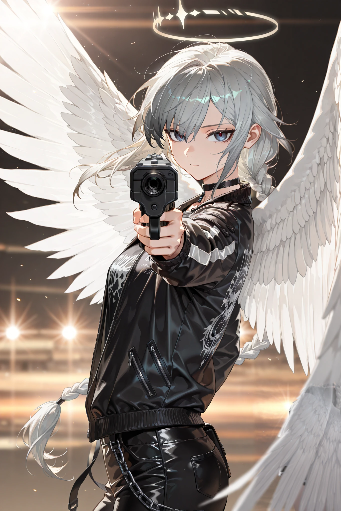 by [arknights|(748cmstyle:0.5)], god rays, cinematic shot, mature, young adult, masterpiece, best quality, amazing quality, very aesthetic, high resolution, ultra-detailed, absurdres,
1girl, woman, solo, alone,(dynamic pose, side eye, looking at viewer, upper body focus, side shot, angled shot, three quarter view, close up, cowboy shot:1.2), dull gray hair, dark blue eyes, shining starry deep eyes, very long hair, princess braid, royalty, using Akimbo SMGs,wielding akimbo machine guns, wielding guns, princess, braided ponytail, tsurime, black choker, techwear biker jacket, punk fashion, black t-shirt, nouveau-riche, large wings, glowing white wings,  novuschroma79 style, glitch art photo
BREAK, depth of field, volumetric lighting
 
