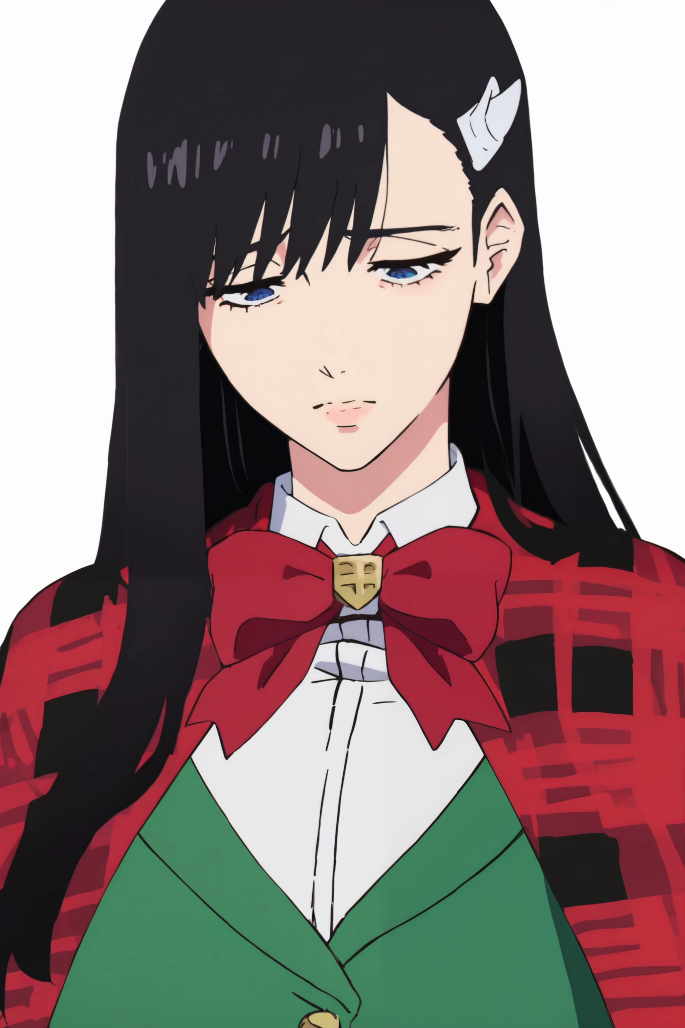 Anime girl with long black hair wearing a red and green jacket - SeaArt AI