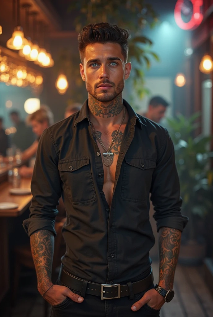 bar at night, a man is sitting, look at the camera, street style clothes, jacket and tattoo