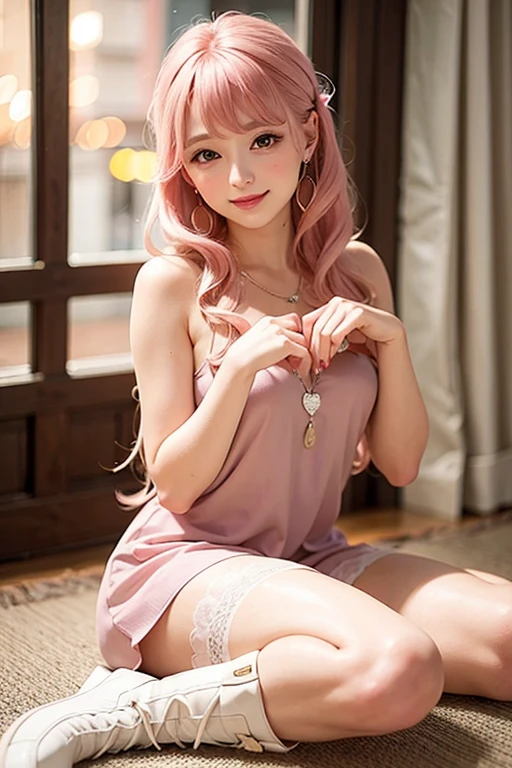 best quality, masterpiece, extremely detailed, CG, unity, Amazing, finely detail, masterpiece, best quality, beautiful detailed girl, extremely detailed eyes and face, beautiful detailed eyes, light on face, cinematic lighting, 1girl, full body, perfect hand, depth of field, wearing stocking, wearing long dress, pink hair, medium breasts, earring, in a pagoda, (no panties), (bushy pubic hair)