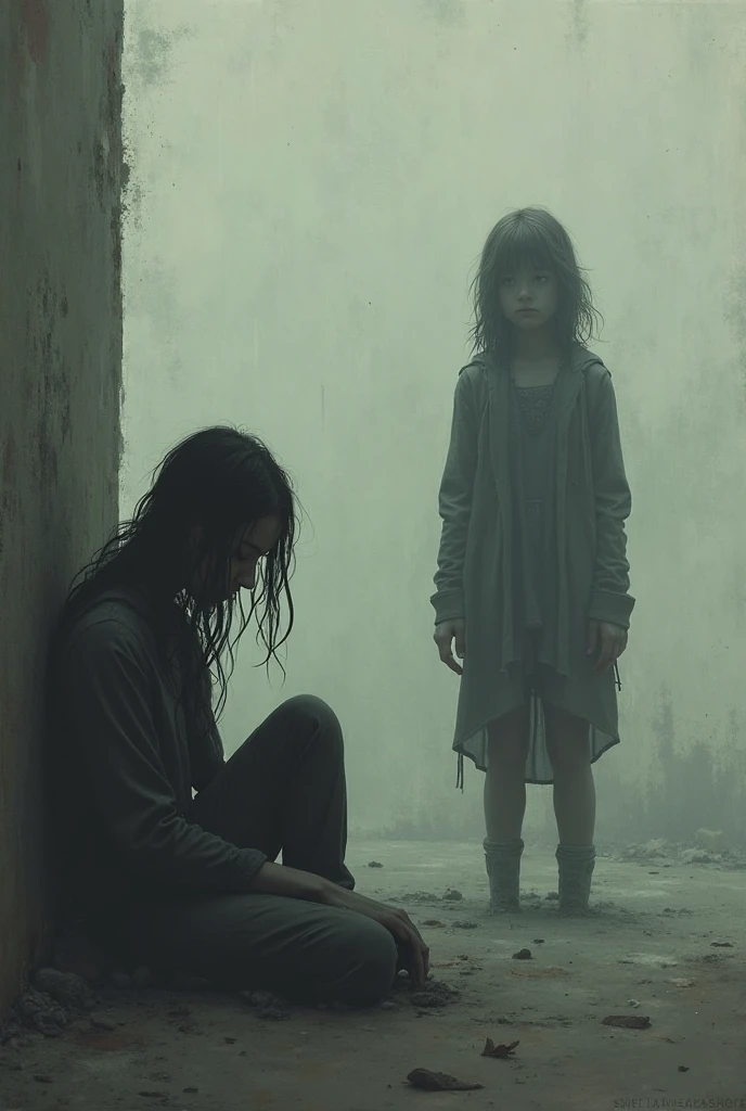 In a dark dessert, in rainy weather, a woman with very long black hair and white skin, dressed in dark blue and behind her stands a small boy child with curly red hair