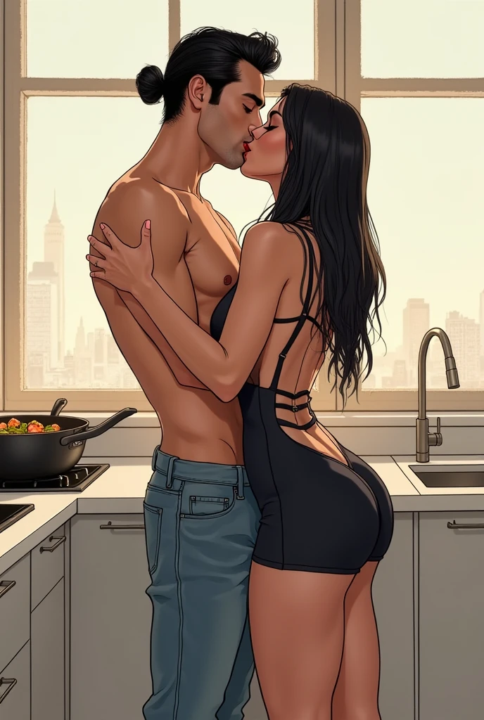 NSFW, (((Calidad superior, Foto realism, tmasterpiece))), (1 hombre de mediana edad y 1 mujer, Una pareja:1.5), 19 year old girl in tight black bicycle outfit, Cola de caballo azul oscuro, altura 165 cm, teta enorme, Buttock augmentation, fitness model, The girl showed a shy and nervous expression, Mejillas rojizas, sibilancia, sudar, The whole body is soaked, ((He leaned against the wall, Parte interna del muslo, Hide your hands behind your back)) 。50 year old middle-aged man wearing orange shirt, (Man hugs 1 girl from behind:1.5), (The man touched the:1.5), In cramped bathrooms, Vista desde arriba.