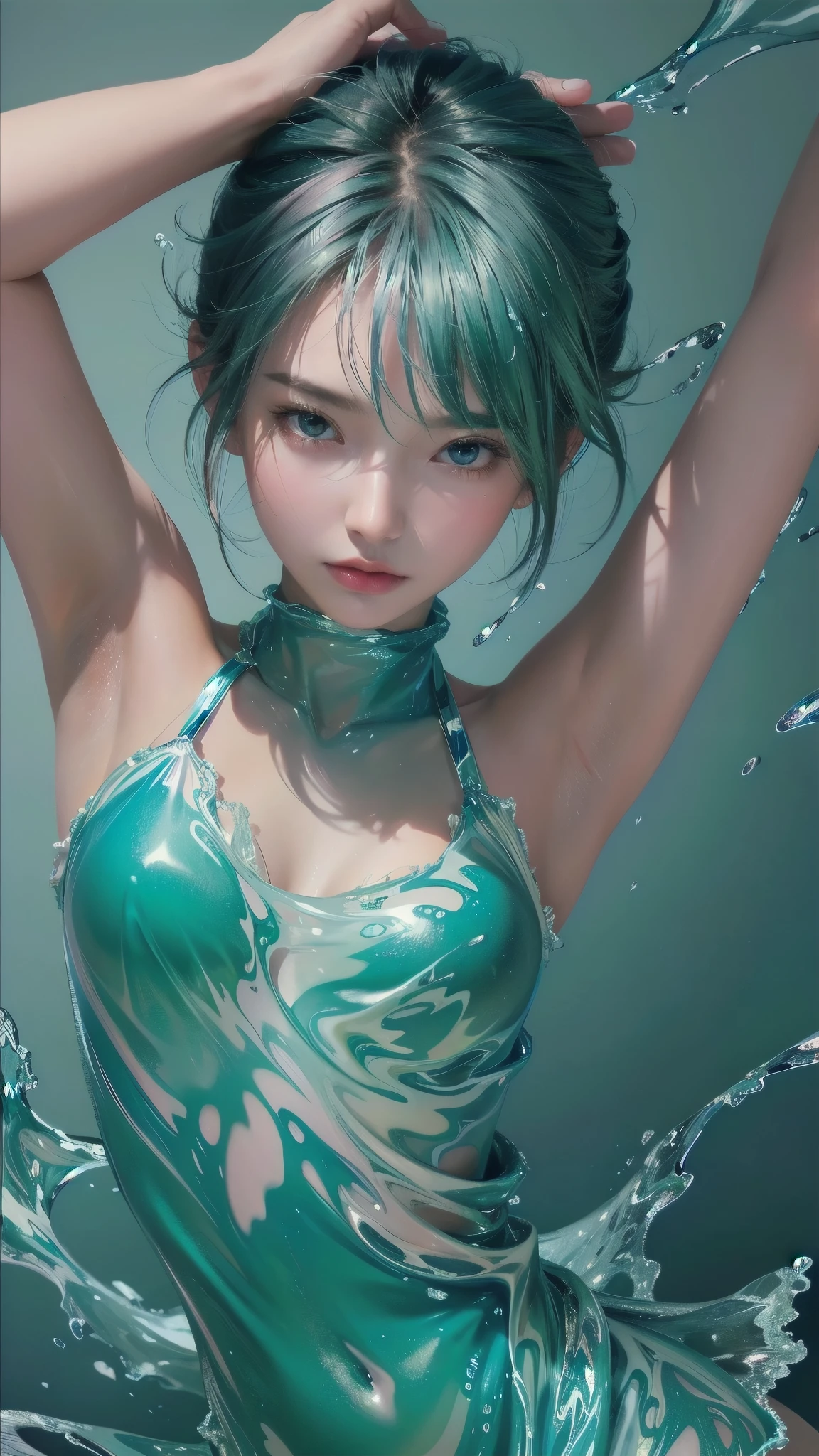 ( Masterpiece, top quality:1.2), 8k, 85mm, RAW Photo , absurd,light blue and pink theme , (liquid clothes , liquid dress :1.4), gradation hair, Gradient Dress , Delicate Girl, upper body, close-up face , Shiny Skin, Baby Face、、Baby face、short hair,disheveled hair, viewers, Hi-Res, Detailed Eyes and Faces , simple background,plumw, bare chest, dynamic pose, delicate face,