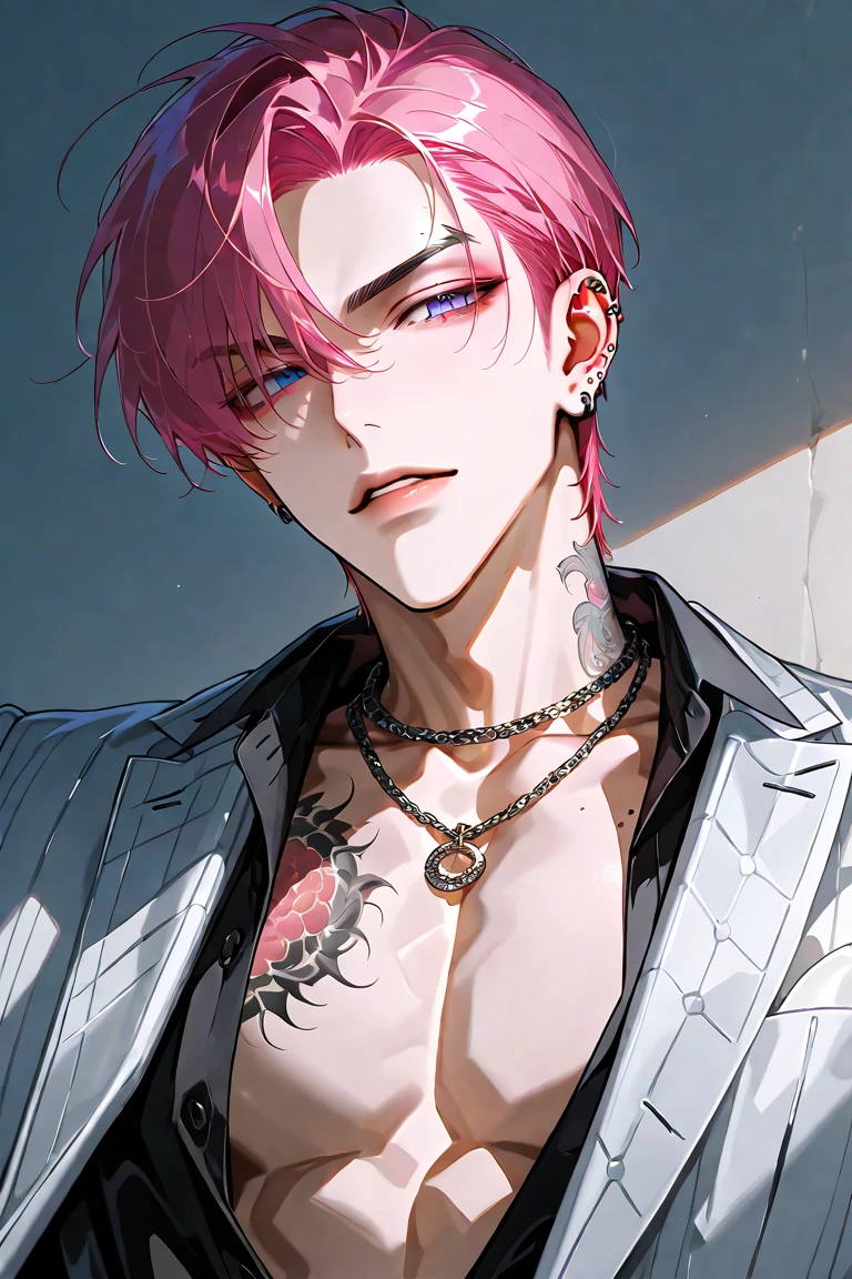 hskayn, solo, looking at viewer, shirt, 1boy, jewelry, closed mouth, pink hair, purple hair, male focus, earrings, collared shirt, pants, necklace, bracelet, black shirt, heterochromia, scar, ring, pectorals, watch, wristwatch
r <lora:Heartsleet_Kayn2:0.7>,