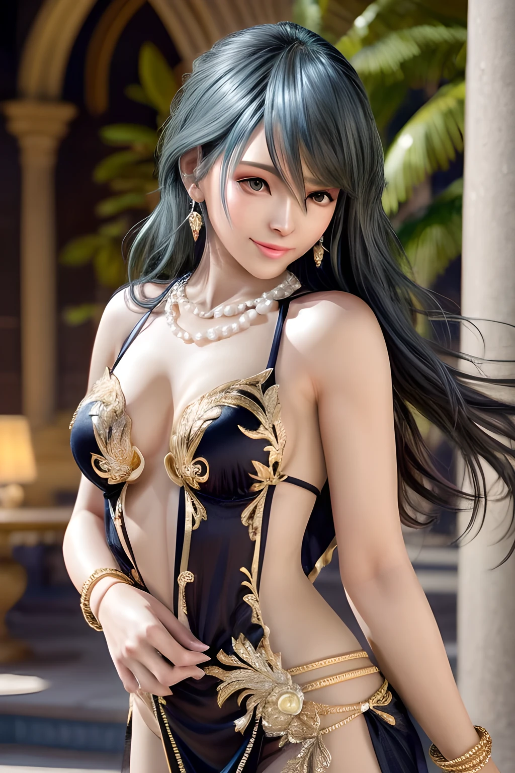 4K, UHD, masterpiece, solo girl, good face, detailed eyes, detailed lips, very long hair, straight hair, very long hair, beautiful hair, hair ornaments, hairband, sexy bun with ponytail hair, ((White-black-Blue-RED-silver-gold-yellow-green thin Crop Top Bikini)), (photorealistic:1.5), (Realistic big breasts:1.35), (Slender six pack abs), (smile), ((NSFW:0)), ((busty Cleavage)), ((( enchanting body, devilish body, red lipstick, stockings, Chinese bridal chamber, bold dress, Lying, d-cup, breast focus, closeup))) ((bare stomach)), sardine, ornaments, necklace, earring, high lighting, depth of field, ray tracing, ultra-realistic detail