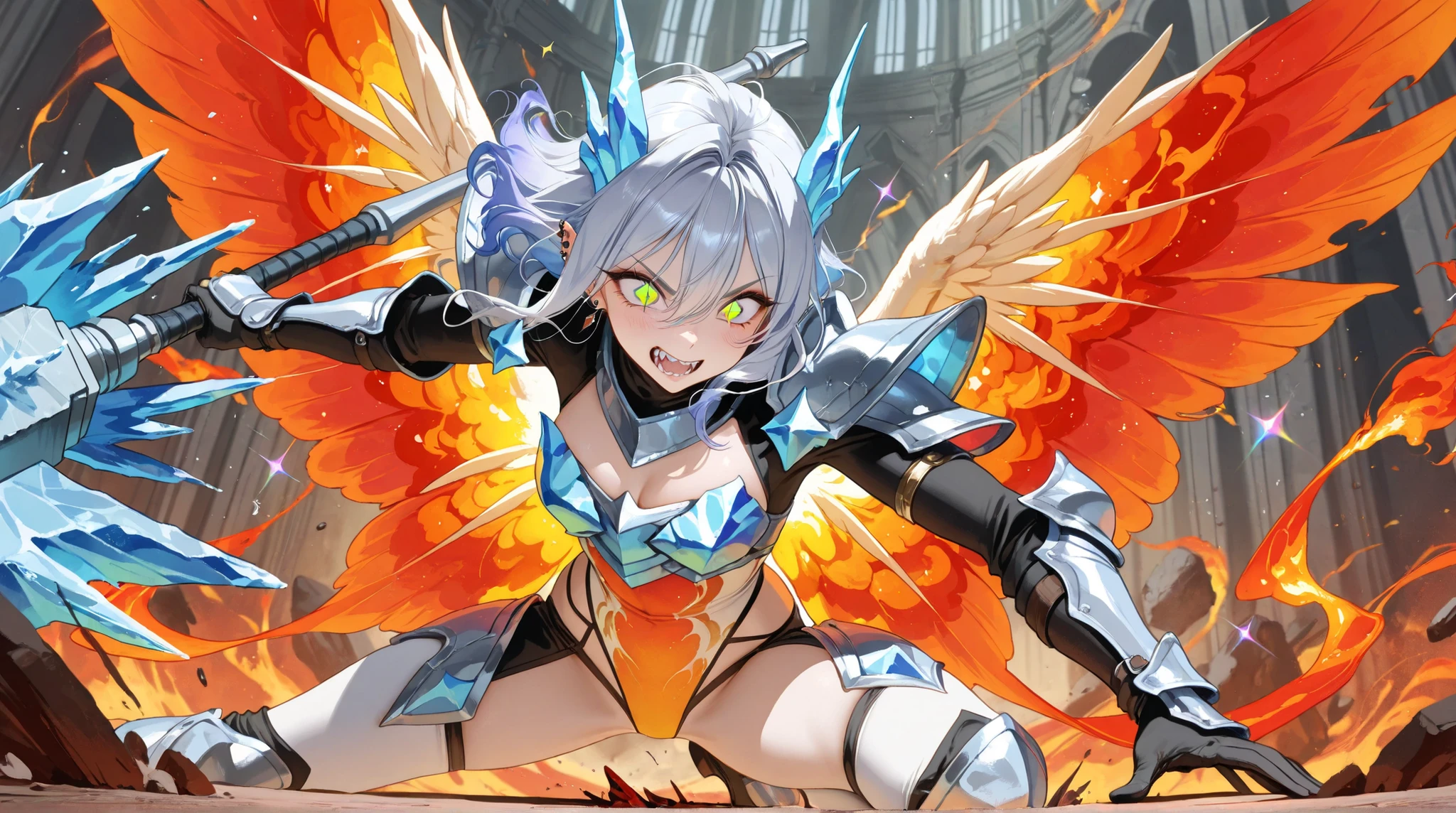 ((top quality)),( super high resolution),( Very Well Detailed),( detailed description ),(( best CG )),( best artwork ), Ultra Precise Art , amazing painting art,( Exquisite Art:1.5), Female Angels , Beautifully Manicured Face, sharp eyes, close , armor, Wings of Fire and Ice , Piercing the Earth, heavy hammer that pierces the ground, Crush, Press, rainbow sparkle , dynamic pose, Dynamic Action, dynamic angle