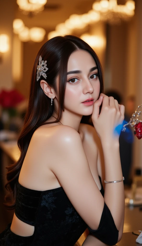 (La mejor calidad, 8k, 32K, Obra maestra, UHD:1.3),Foto de una glamorosa mujer european, 1girl, ((pechos enormes :1.5)), (Figura esbelta, cuerpo perfecto :1.2), Cabello medium-long: 1.1, (wet black erotic dress: 1.1), (interior, Noche :1.2), lie on the bed, NSFW, Cara ultra detallada,detailed red glossy lips, detailed blue or green eyes, black dress, black dress,