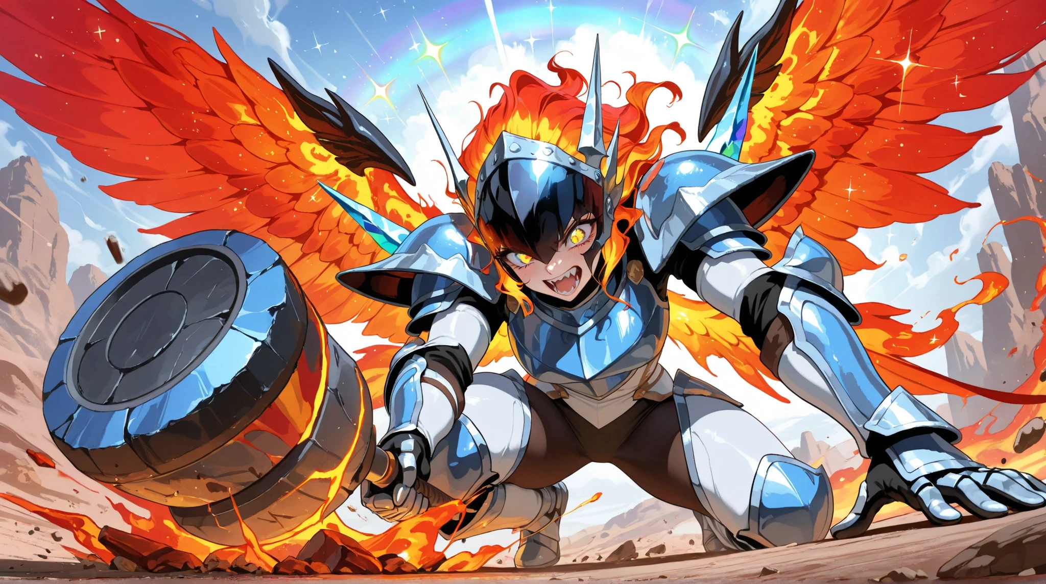 ((top quality)),( super high resolution),( Very Well Detailed),( detailed description ),(( best CG )),( best artwork ), Ultra Precise Art , amazing painting art,( Exquisite Art:1.5), Female Angels , Beautifully Manicured Face, sharp eyes, close , armor, Wings of Fire and Ice , Piercing the Earth, heavy hammer that pierces the ground, Crush, Press, rainbow sparkle , dynamic pose, dynamic action, dynamic angle