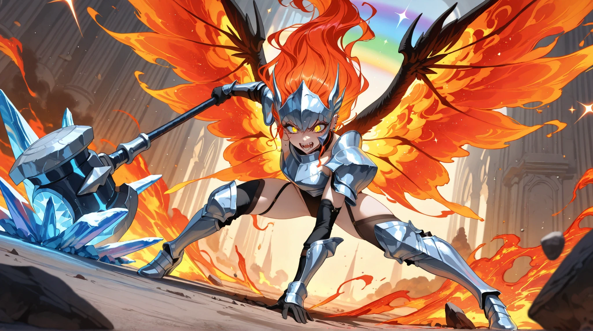 ((top quality)),( super high resolution),( Very Well Detailed),( detailed description ),(( best CG )),( best artwork ), Ultra Precise Art , amazing painting art,( Exquisite Art:1.5), Female Angels , Beautifully Manicured Face, sharp eyes, close , armor, Wings of Fire and Ice , Piercing the Earth, heavy hammer that pierces the ground, Crush, Press, rainbow sparkle , dynamic pose, Dynamic Action, dynamic angle