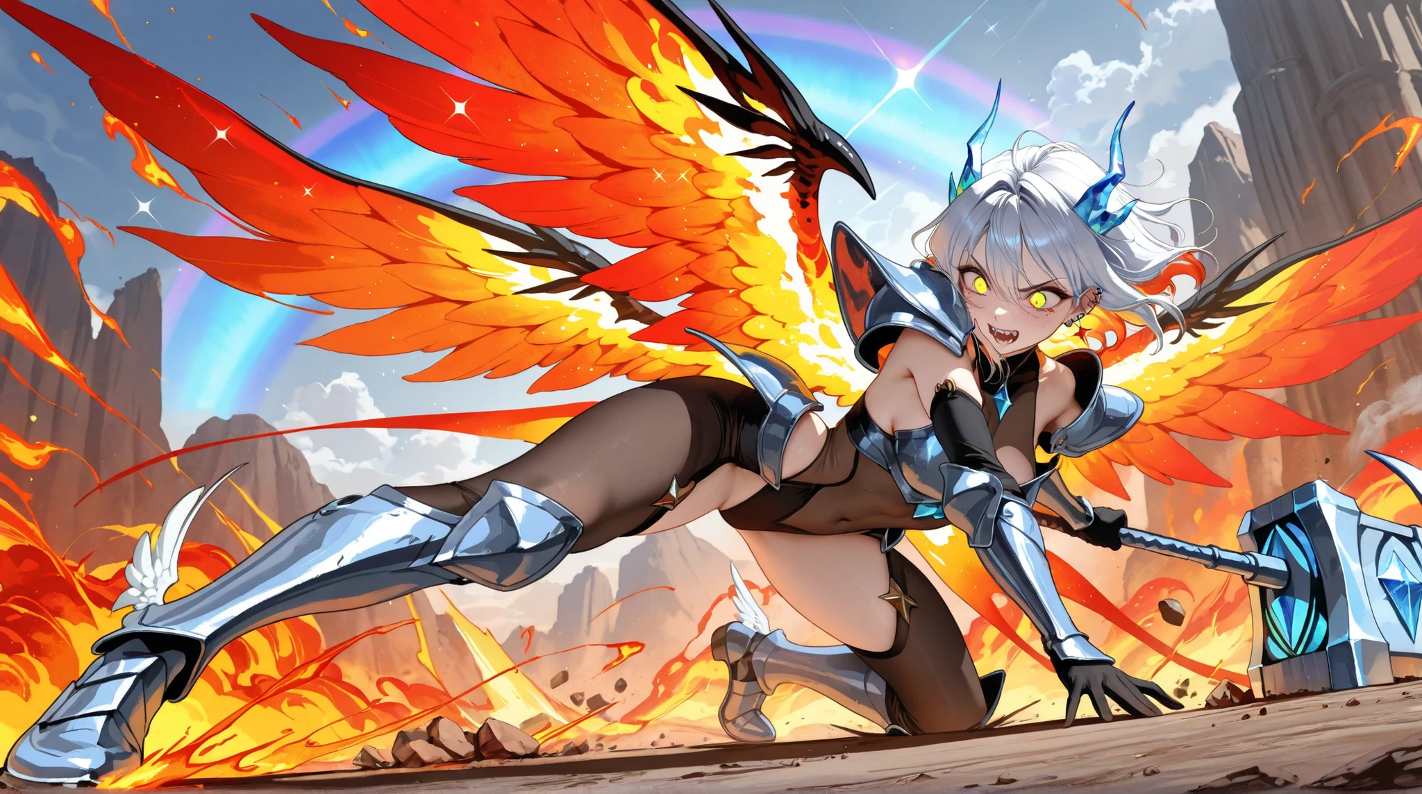 fantasy, 1angel_girl,(young_teen:1.5), ,brown_hair, medium_bob_hair, long_bangs, halo,bare_shoulder,thighhighs,silver_armor, waist_armor, large_breasts,angry,grinning,open_mouth_teeth, 1pair_wings, dynamic_pose_fighting,floating, bare_crotch, headgear,gauntlet, greaves,city_background,slightly_spread_legs, solo, groin_naked,