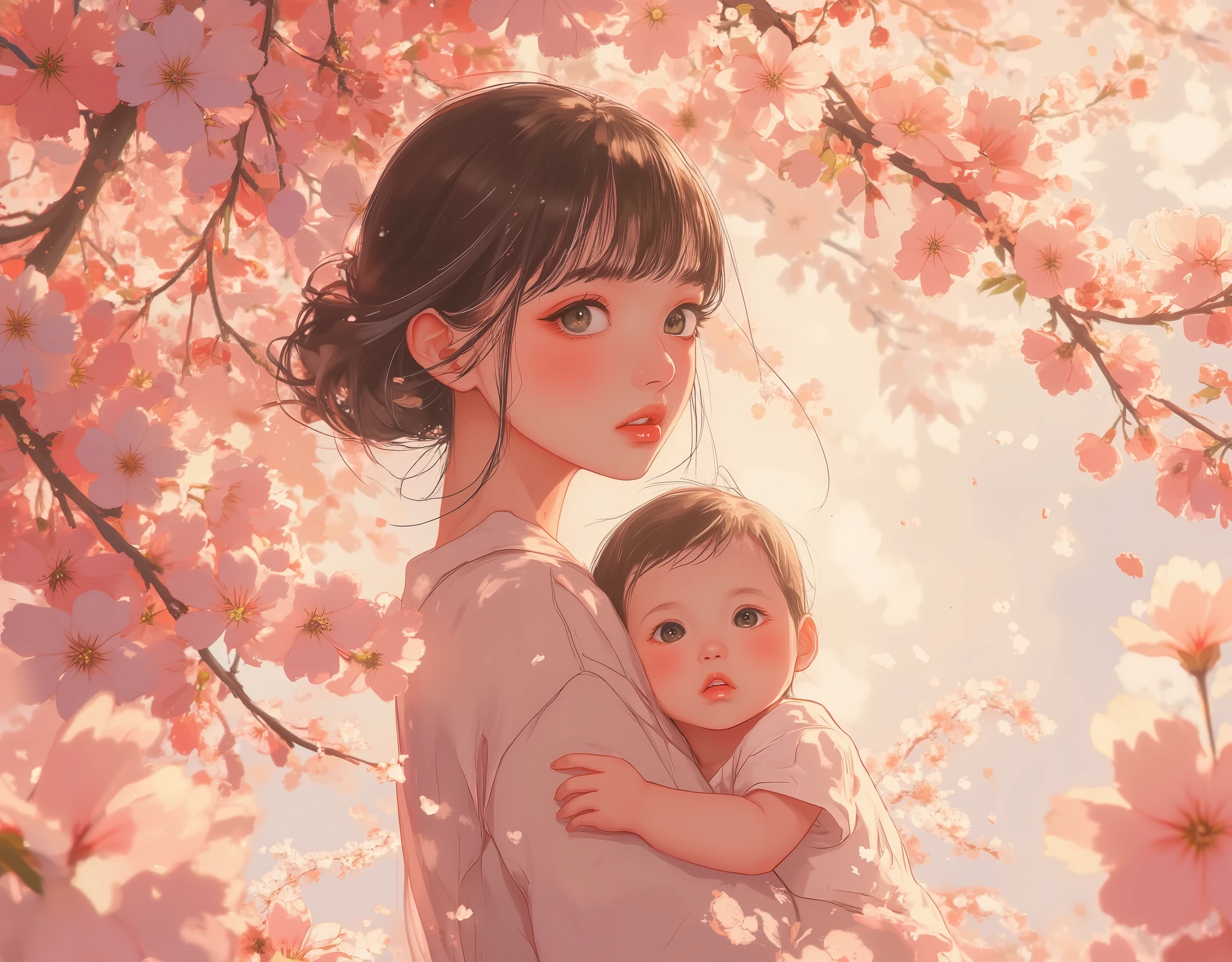 "A young mother with short dark hair and bright eyes is dressed in a spring outfit, cradling a baby in her arms. The baby is excited and full of energy as he gazes upon the cherry blossoms in full bloom. The scene is set outdoors in spring, with pink cherry blossoms surrounding it. The background is softly blurred, creating a dreamy atmosphere. Anime-style, detailed, soft lighting, warm pastel color palette, fun and heartwarming atmosphere.",詳細な手,美しい手