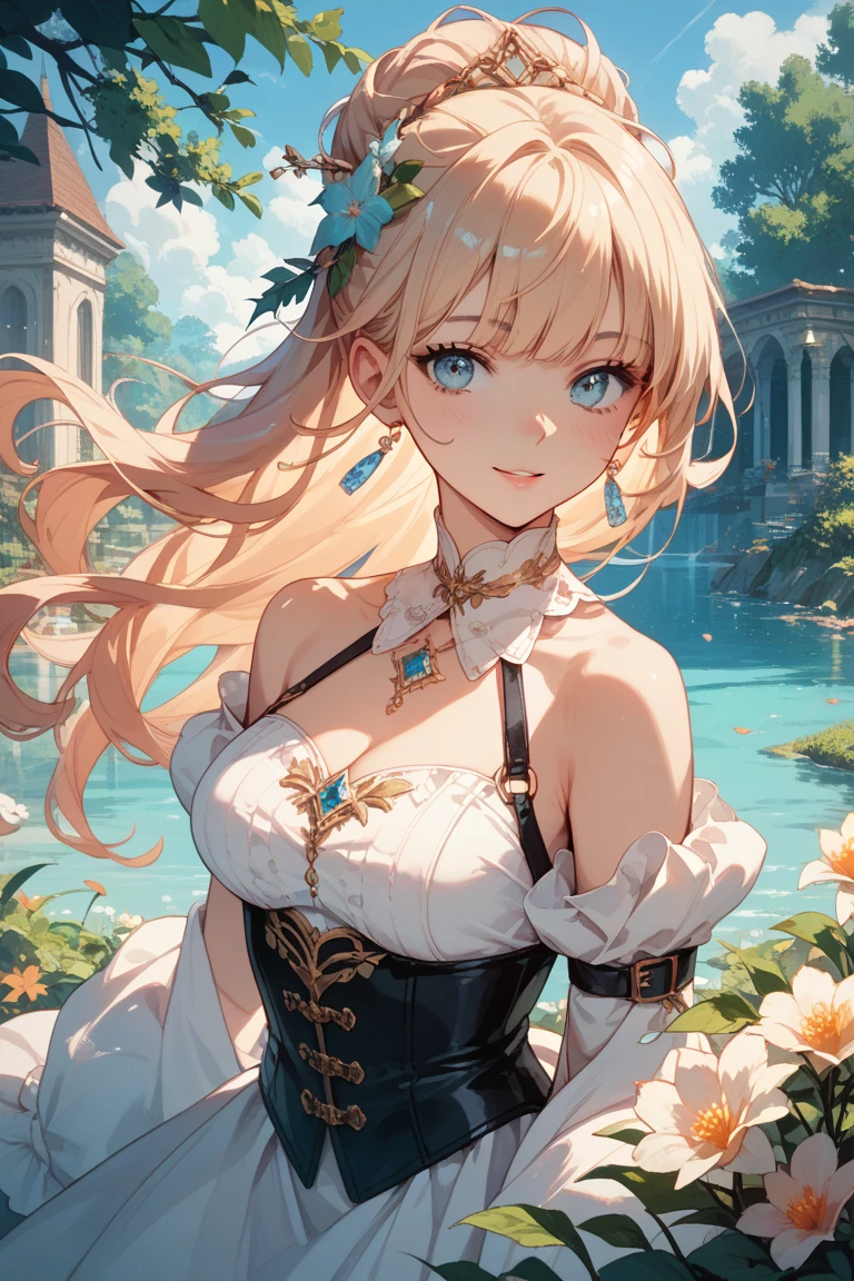 (best quality, masterpiece), 1girl, lean forward, medium breast, loose top, particle, wind, flower, upper body, simple background, looking at viewer, blonde