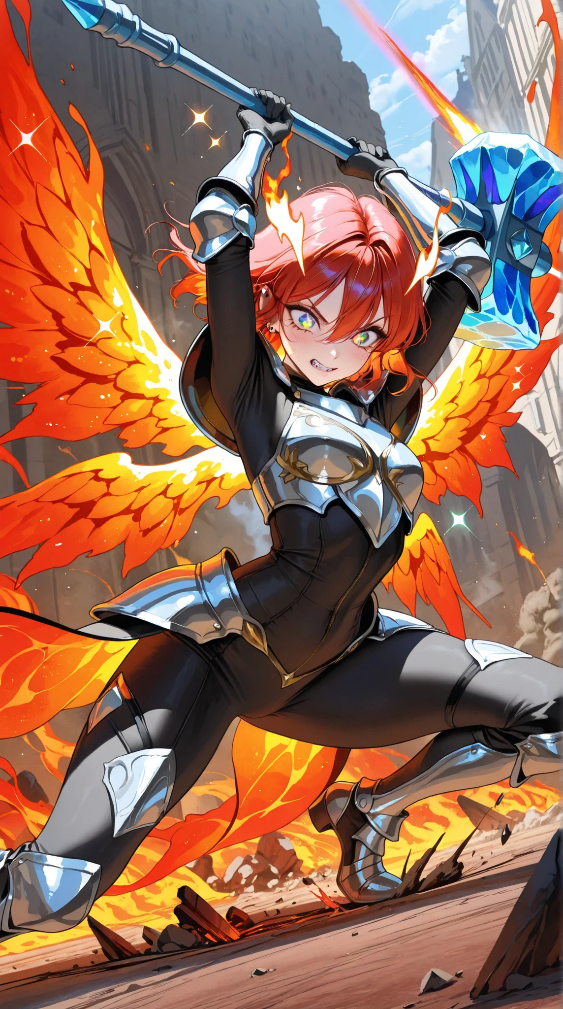 ((top quality)),( super high resolution),( Very Well Detailed),( detailed description ),(( best CG )),( best artwork ), Ultra Precise Art , amazing painting art,( Exquisite Art:1.5), Female Angels , Beautifully Manicured Face, sharp eyes, close , armor, Wings of Fire and Ice , Piercing the Earth, heavy hammer that pierces the ground, Crush, Press, rainbow sparkle , dynamic pose, Dynamic Action, dynamic angle