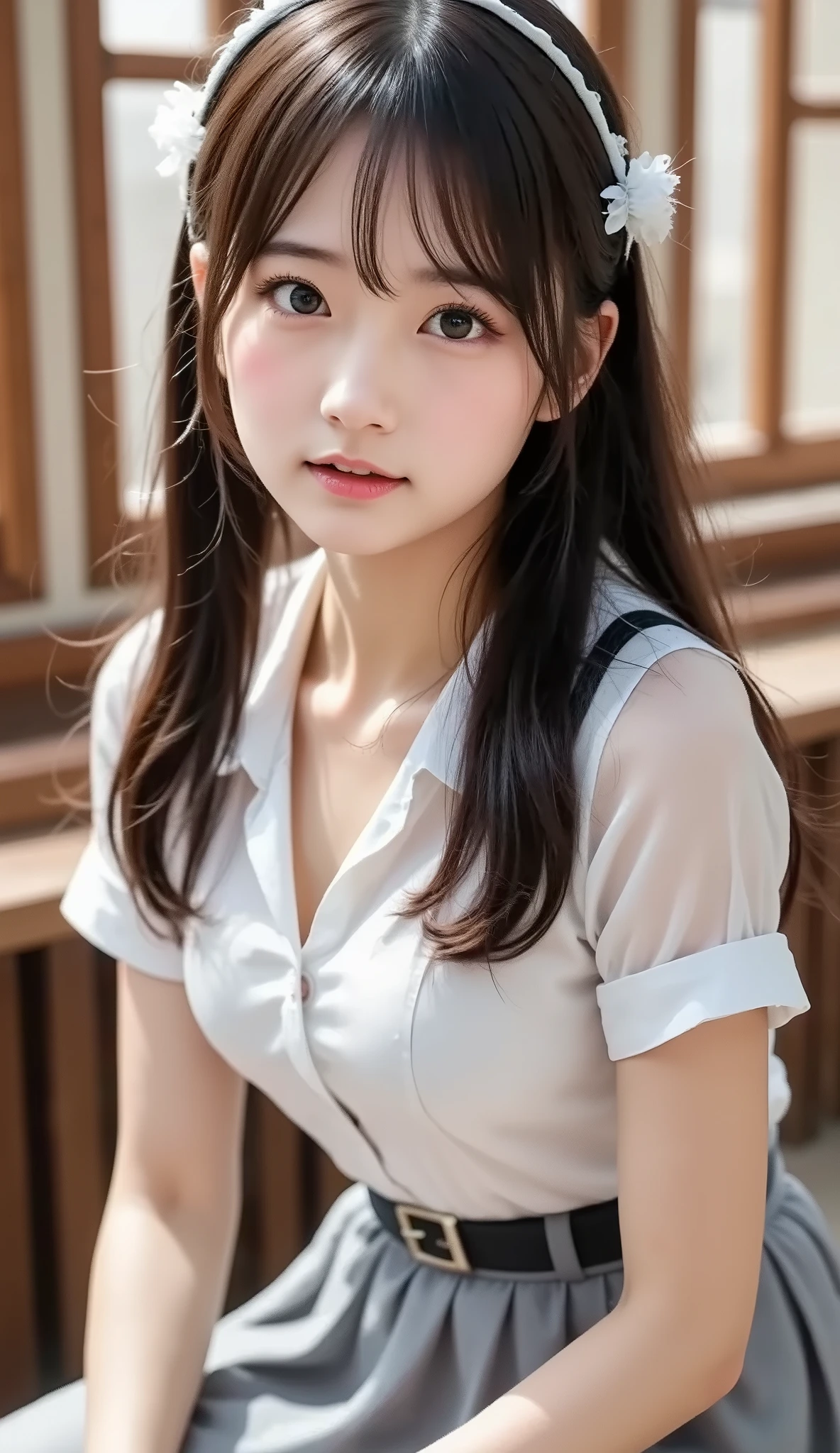 sexy 여성, classroom background, big , white shirt, gray skirt, Korean, full body, long legs, sexy, skirt, 조금 big , 매우 big , school uniform , 더 big , Sensually, rich , sexy 자세, ( lean forward, Seemingly invisible cleavage), SLIM YOUR ARMS, big on the floor, 더 big , 더 big , cute ass , [SUPER HUGE , sexy, see-through as seen from s, (nice background), ((feelings of first love)), cover, estrus