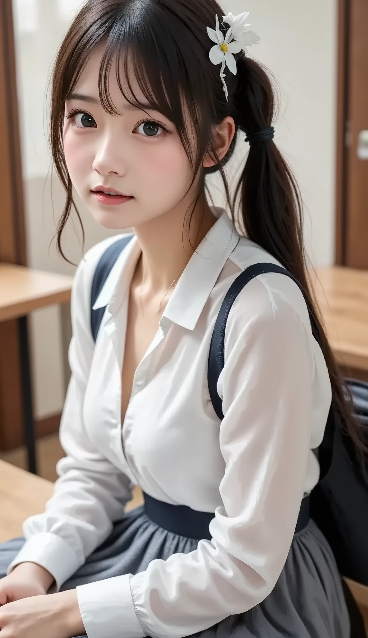 sexy 여성, classroom background, big , white shirt, gray skirt, Korean, full body, long legs, sexy, skirt, 조금 big , 매우 big , school uniform , 더 big , Sensually, rich , sexy 자세, ( lean forward, Seemingly invisible cleavage), SLIM YOUR ARMS, big on the floor, 더 big , 더 big , cute ass , [SUPER HUGE , sexy, see-through as seen from s, (nice background), ((feelings of first love)), cover, estrus
