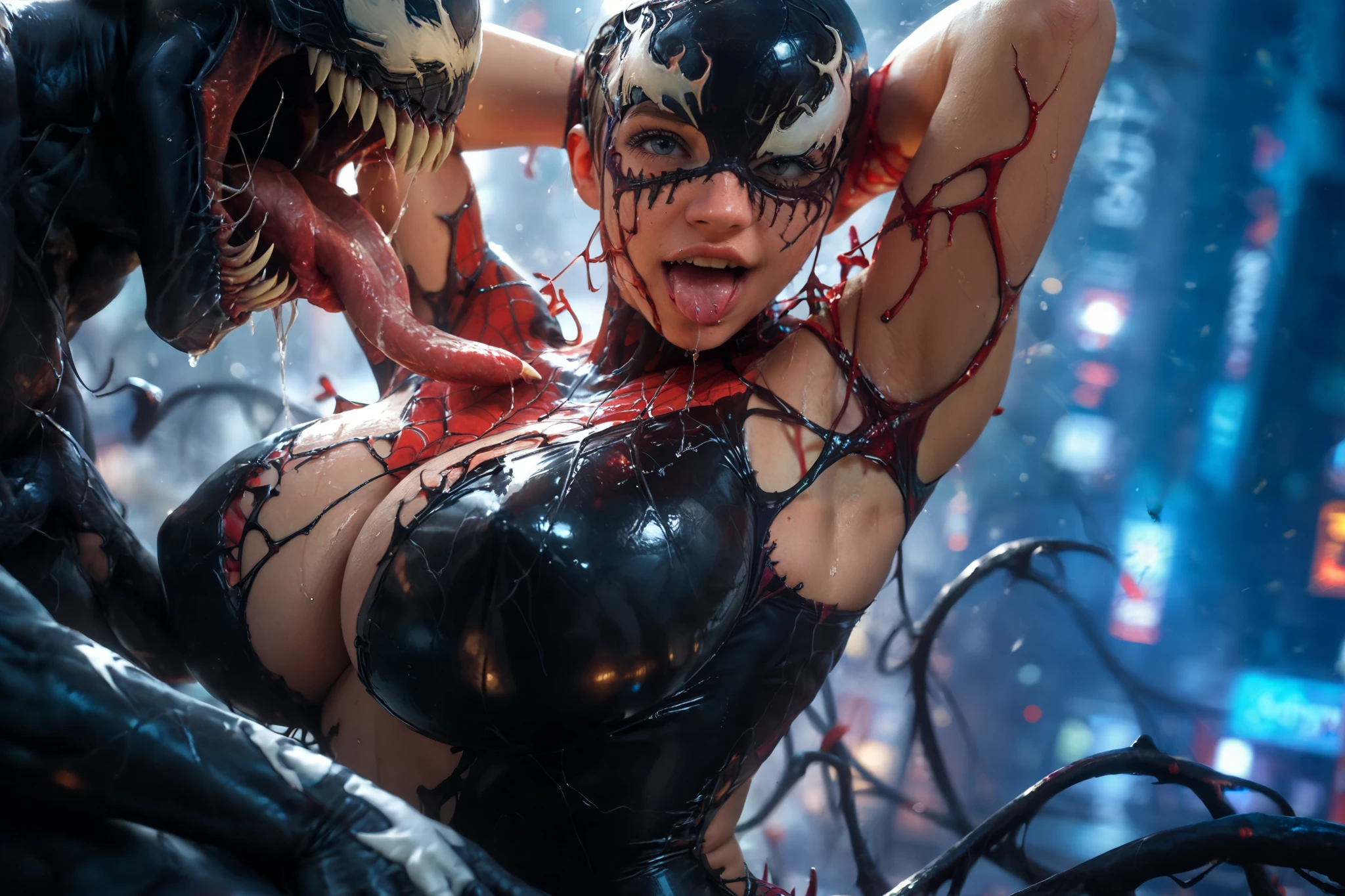 Do it for me: young female, with short blonde hair, with a huge drooling tongue, no clothes, wearing the Venom costume