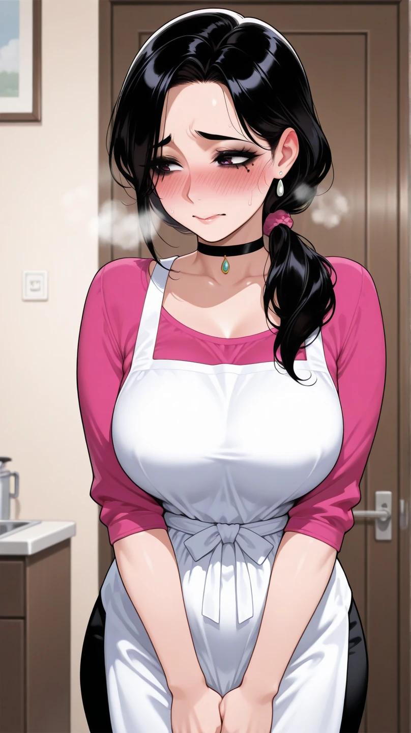 kodachikunou,１By people、Sit with your legs apart、Large Breastasterpiece、highest quality、Detailed face、Narrow eyes、High resolution、kkw-ph1、Side Tail、Broad shouldered,large breasts, looking at viewer, (pink kimono:0.8), (apron:1.2), (indoor), smile, cooking,
Cleavage
