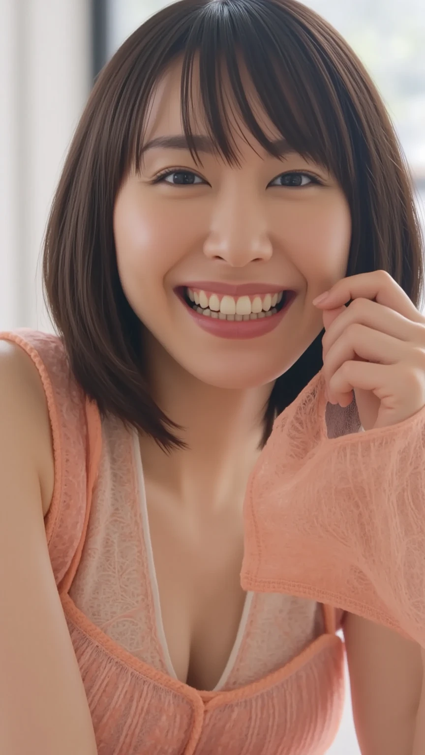 Highest resolution, 4K, Masterpiece: 1.3), A Japanese milf, photo of one lady, Sexy: 1.1, fine eyes, Slender figure, Realistic teeth, double eyelids, smile, full body, best quality, detailed, beauty, a married woman, use the restroom