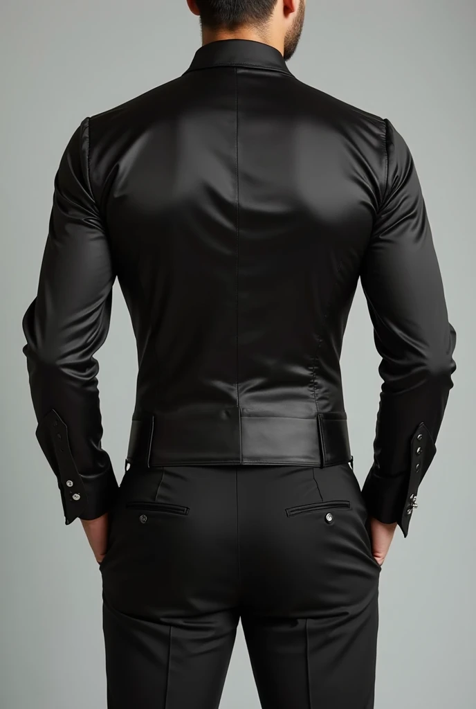 best quality, masterpiece, (realistic: 1.2), 1 man, Eren Jaeger, real life, live action, black jeans, black pants, brown hair, attack on Titan, white background, black jacket, slim body, high definition, high quality, manbun, back, fit body