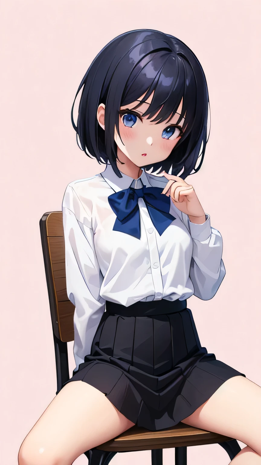 【style】 anime illustration 【appearance】 1 girl、 quick、sitting on chair(spread legs:1.2)、has a young face、Black Hair Girl、short hair、【costume】 uniform、black skirt with both hands、ankle、White Blouse、long sleeve、【image effect】 background white、from front、full body