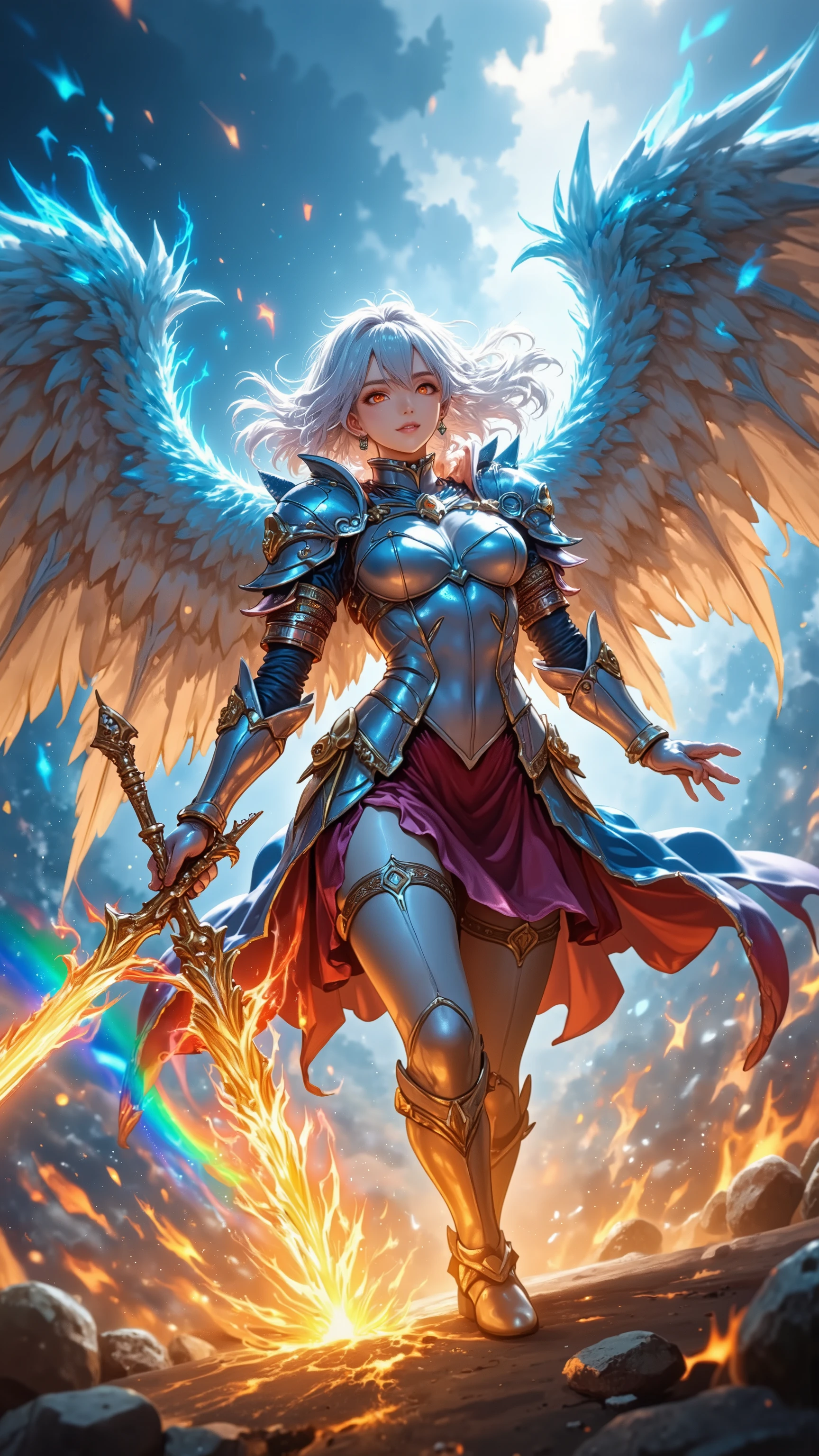 ((top quality)),( super high resolution),( Very Well Detailed),( detailed description ),(( best CG )),( best artwork ), Ultra Precise Art , amazing painting art,( Exquisite Art:1.5), Female Angels , Beautifully Manicured Face, sharp eyes, close , armor, Wings of Fire and Ice , Piercing the Earth, heavy hammer that pierces the ground, Crush, Press, rainbow sparkle , dynamic pose, Dynamic Action, dynamic angle