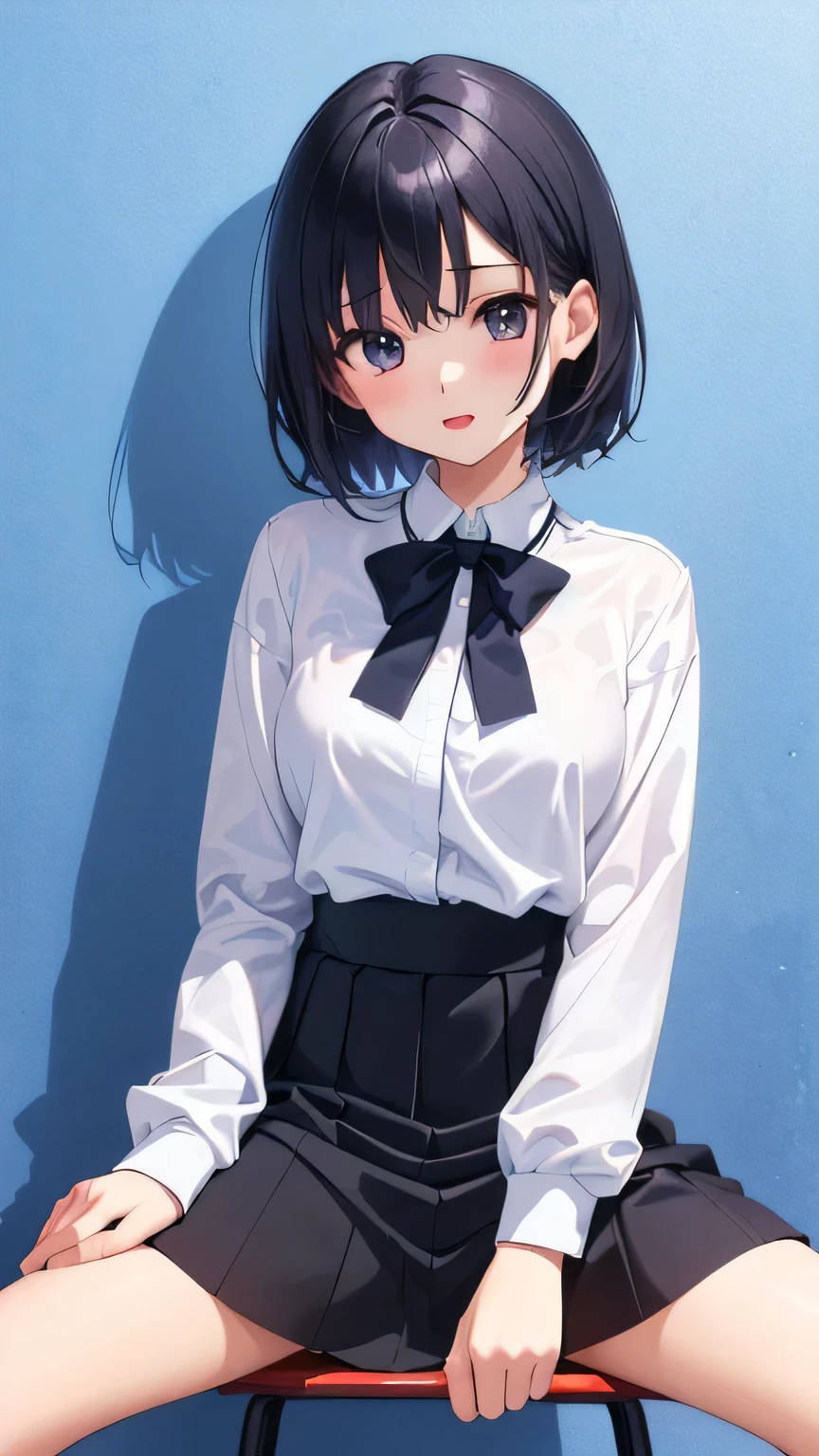 【style】 anime illustration 【appearance】 1 girl、 quick、sitting on chair(spread legs:1.2)、has a young face、Black Hair Girl、short hair、【costume】 uniform、black skirt with both hands、ankle、White Blouse、long sleeve、【image effect】 background white、from front、full body