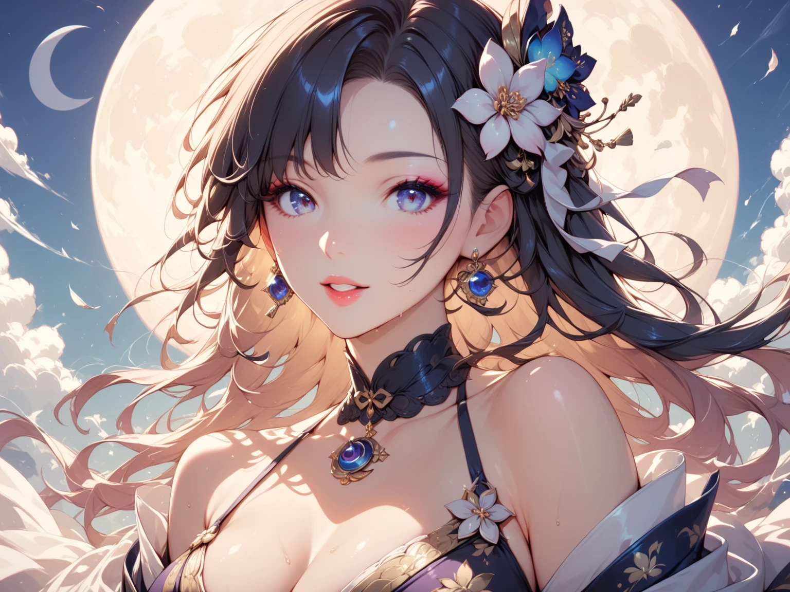 (((Ink painting:2)))(((Woman in Japanese style、Black hair super long hair、very long hair:1.5、Hair tips trimmed horizontally:1.4、hime cut:1.8、bangs cut horizontally:1.5 thin jaws、thin, slanted eyes、high nose、lace black choker、Kimono with frills black snake tattoo on body)))、Peony hairpin、black eyes、beige eyeshadow、red lipstick、morbidly white skin:1.8、Kimono that shows some shoulders、(((Luxurious black kimono with delicate patterns:1.5)))、(((slender and delicate body:1.6)))、(((face:1.2、face focus:1.2 close up on face:1.2)))(((I'm looking at this:1.5)))((peony flower background:1.4、The shoji opens and you can see the garden:1.4、moon floating in the sky:1.4,Japanese room without lighting:1.8、Interior illuminated by big blue moonlight:1.8)))(((Touching the chest with one hand:1.2)))(profile:1.2)(((moonlight:1.8)))(((Blue hour:1.6)))official fine art,Representative works,masterpiece、highest quality、High resolution, beautiful detailed glow,